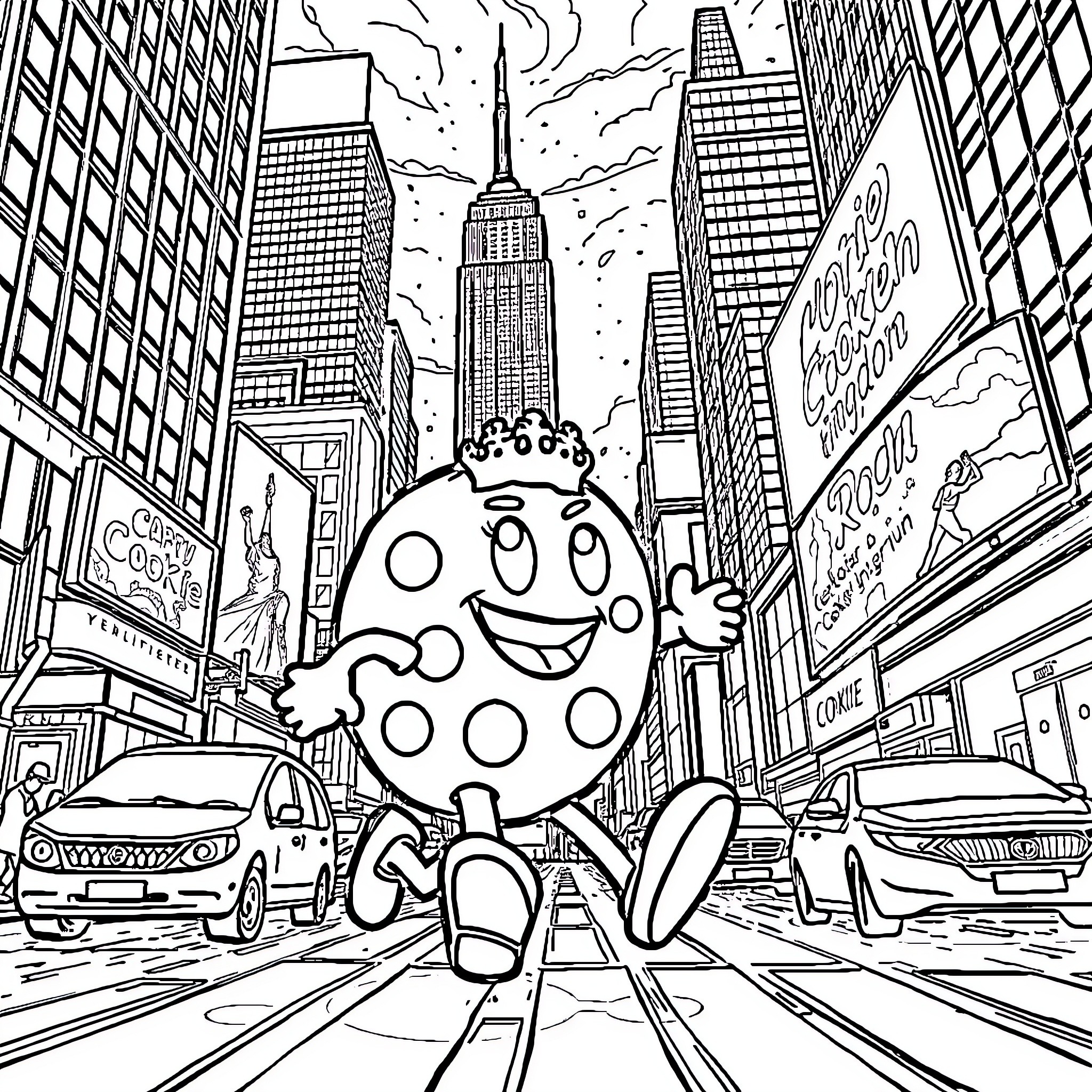 Licorice character explores lively city streets Coloring Page (free black-and-white line drawing printable PDF for all, from beginners to advanced learners, including children, teens, adults, and seniors)