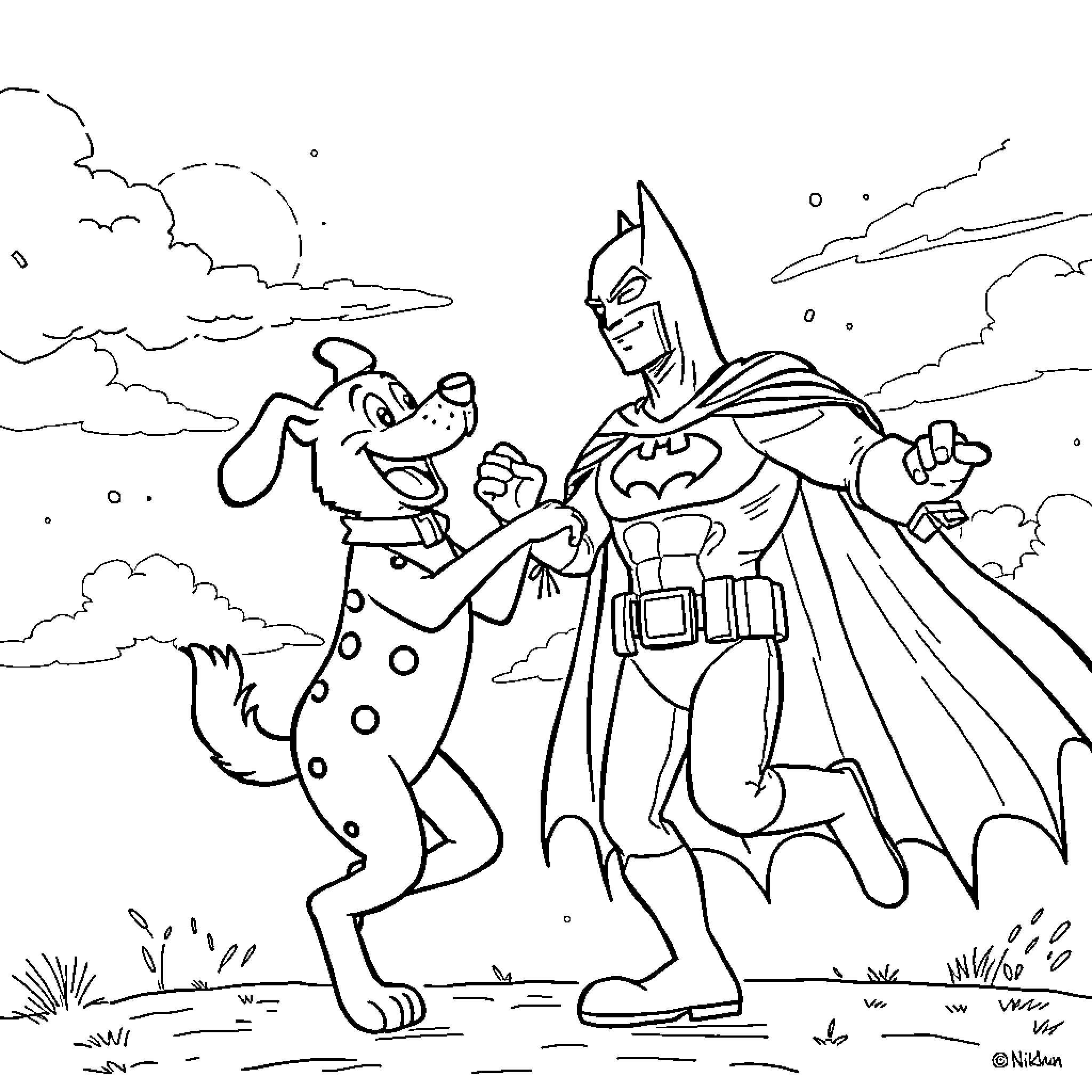 Dog Man and Batman adventure in the cloudy sky Coloring Page (free black-and-white line drawing printable PDF for all, from beginners to advanced learners, including children, teens, adults, and seniors)