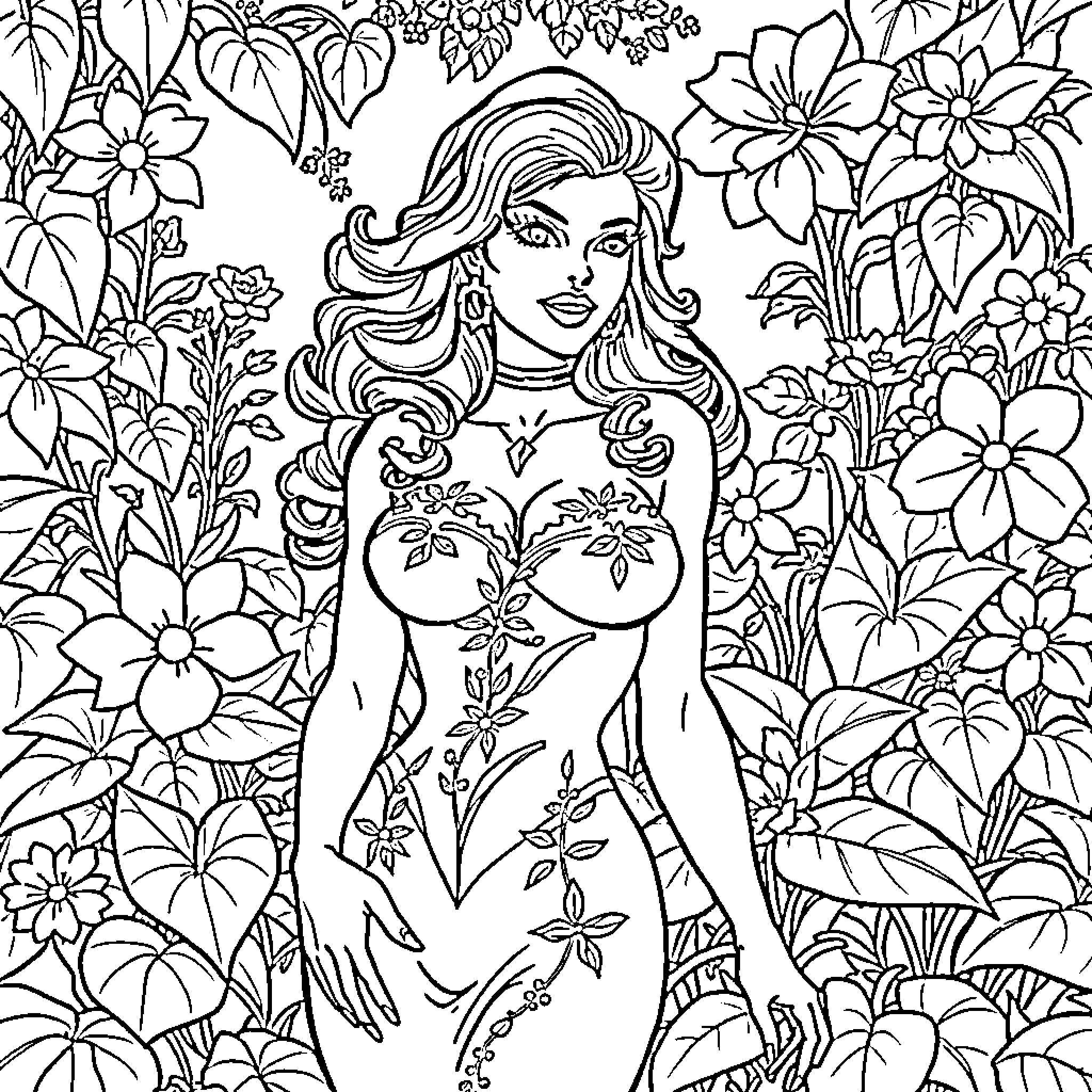 Poison Ivy admiring nature's beauty Coloring Page (free black-and-white line drawing printable PDF for all, from beginners to advanced learners, including children, teens, adults, and seniors)