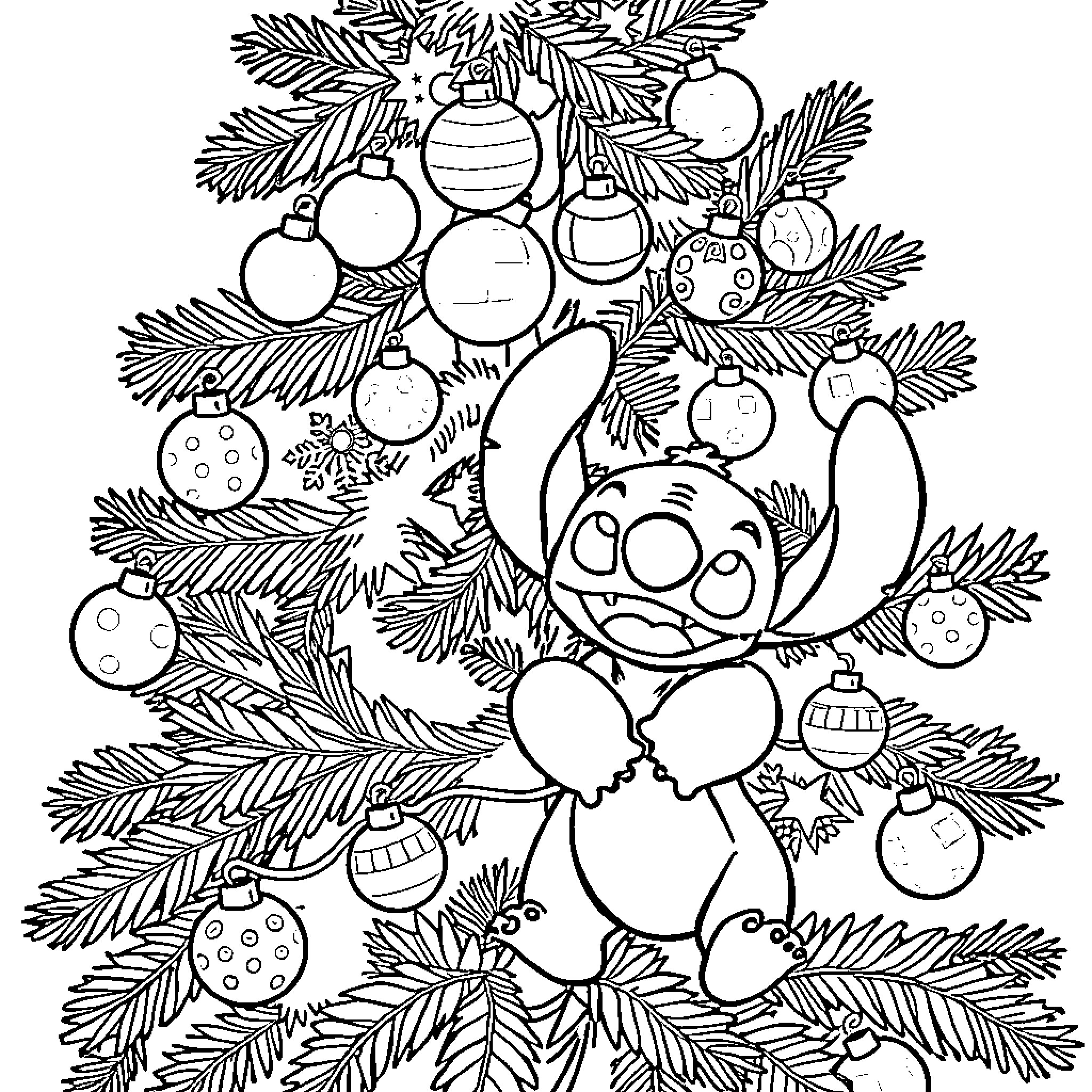 Christmas Tree with Playful Stitch Decorations Coloring Page (free black-and-white line drawing printable PDF for all, from beginners to advanced learners, including children, teens, adults, and seniors)