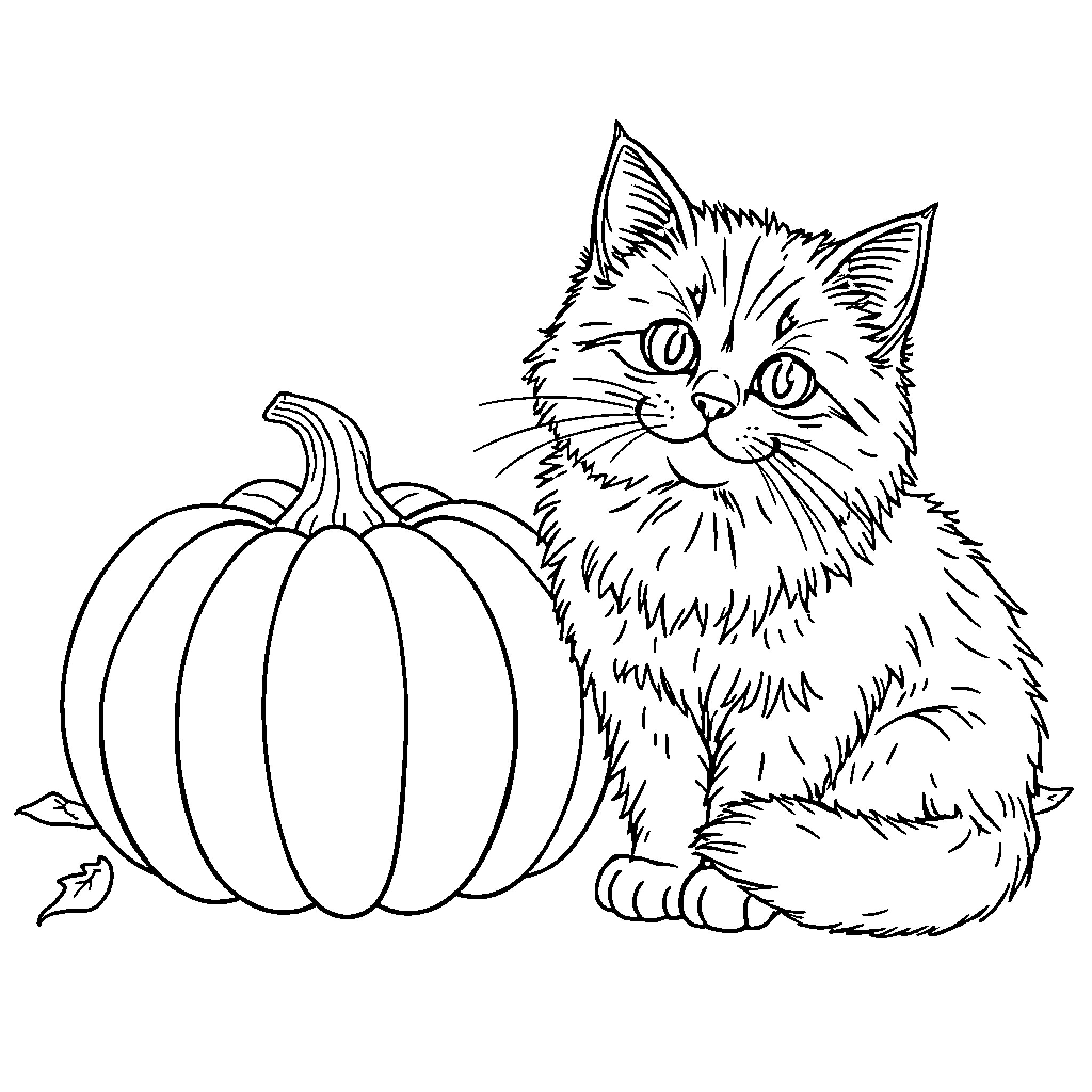 Cat with pumpkin in autumn scene Coloring Page (free black-and-white line drawing printable PDF for all, from beginners to advanced learners, including children, teens, adults, and seniors)