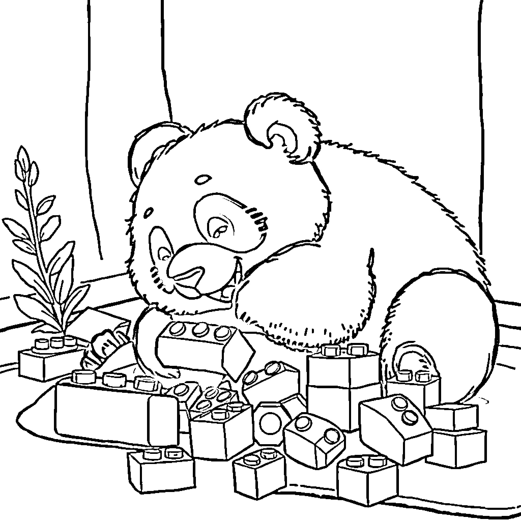 Panda playing with building blocks happily Coloring Page (free black-and-white line drawing printable PDF for all, from beginners to advanced learners, including children, teens, adults, and seniors)