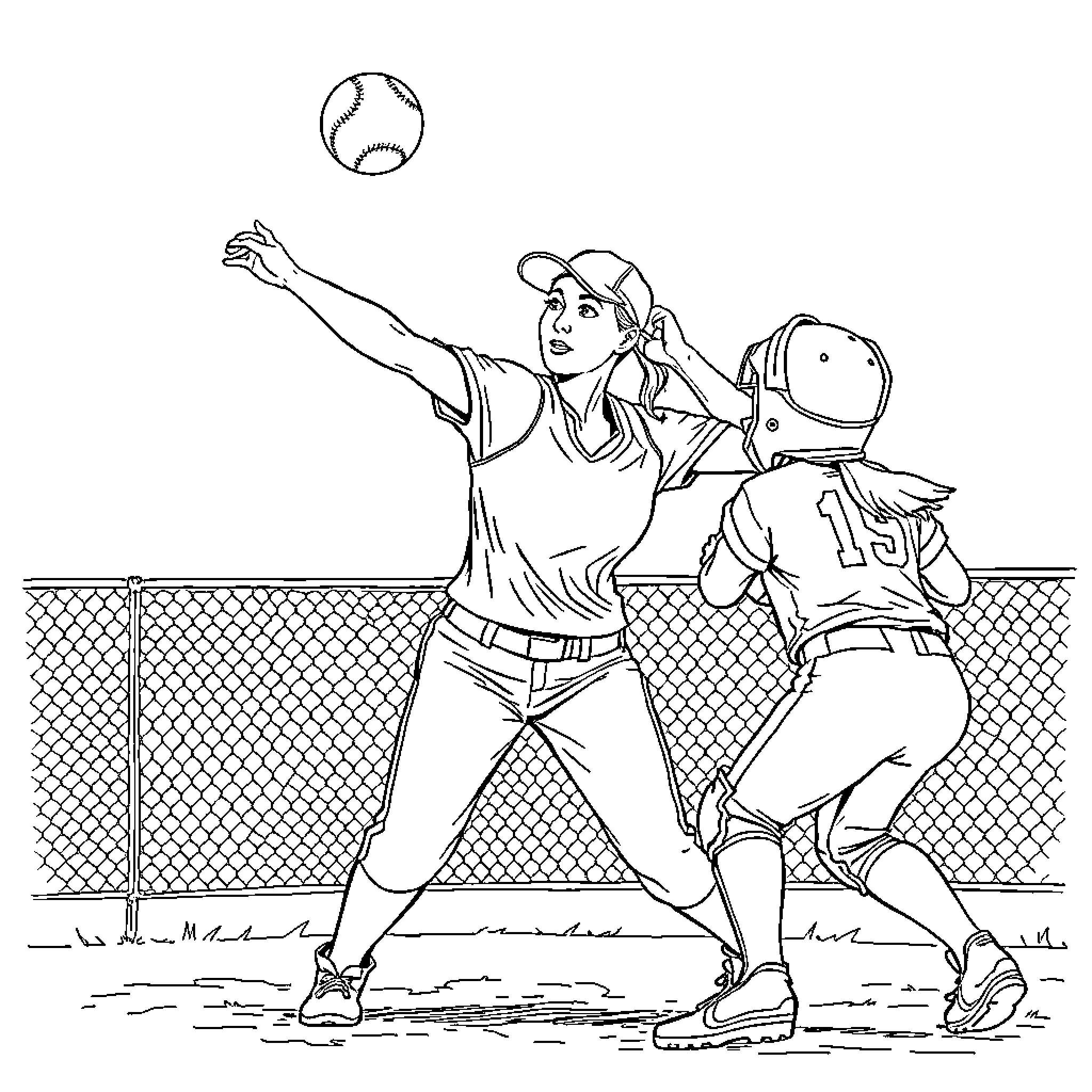 Softball players in action on the field Coloring Page (free black-and-white line drawing printable PDF for all, from beginners to advanced learners, including children, teens, adults, and seniors)