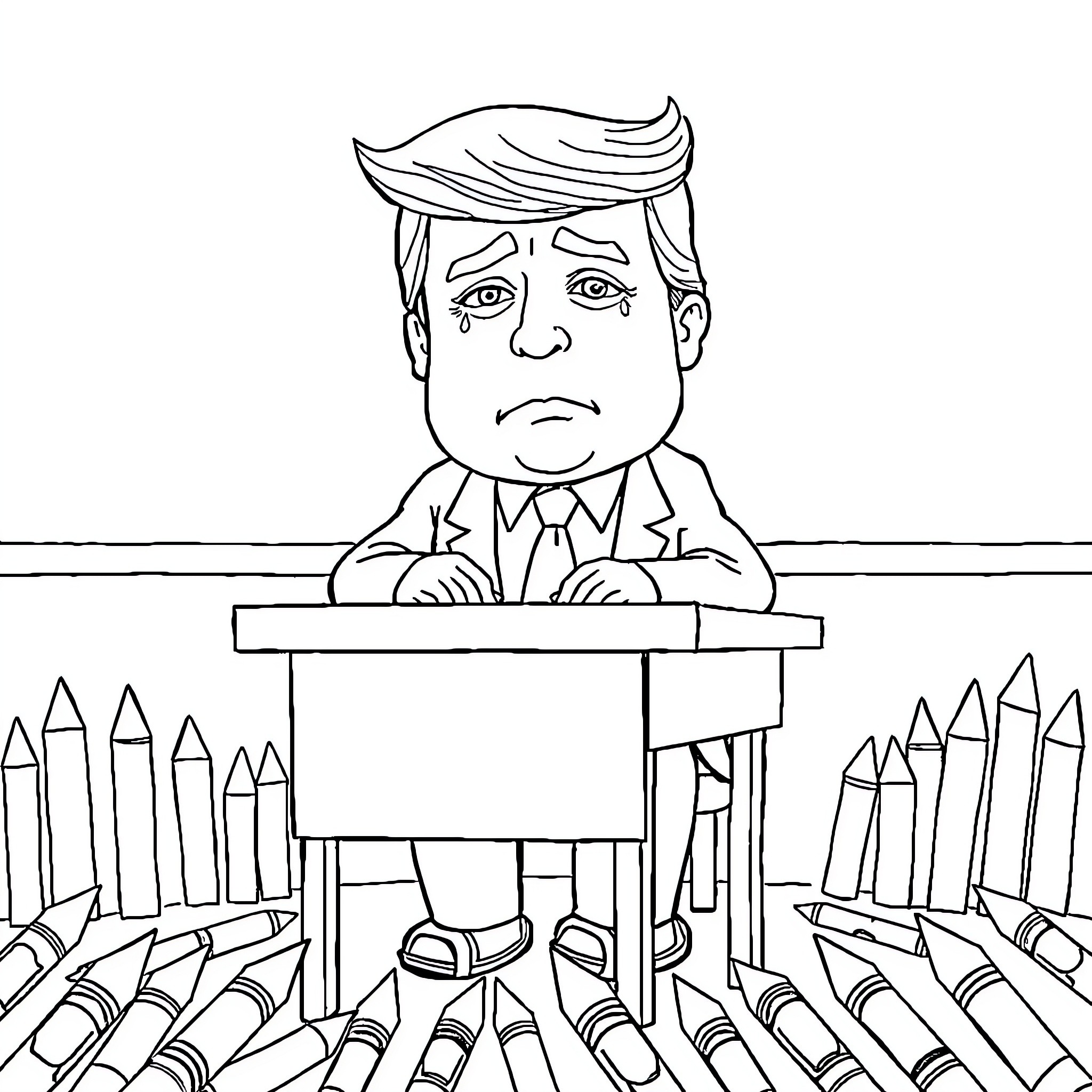 Trump speaking passionately at the podium Coloring Page (free black-and-white line drawing printable PDF for all, from beginners to advanced learners, including children, teens, adults, and seniors)