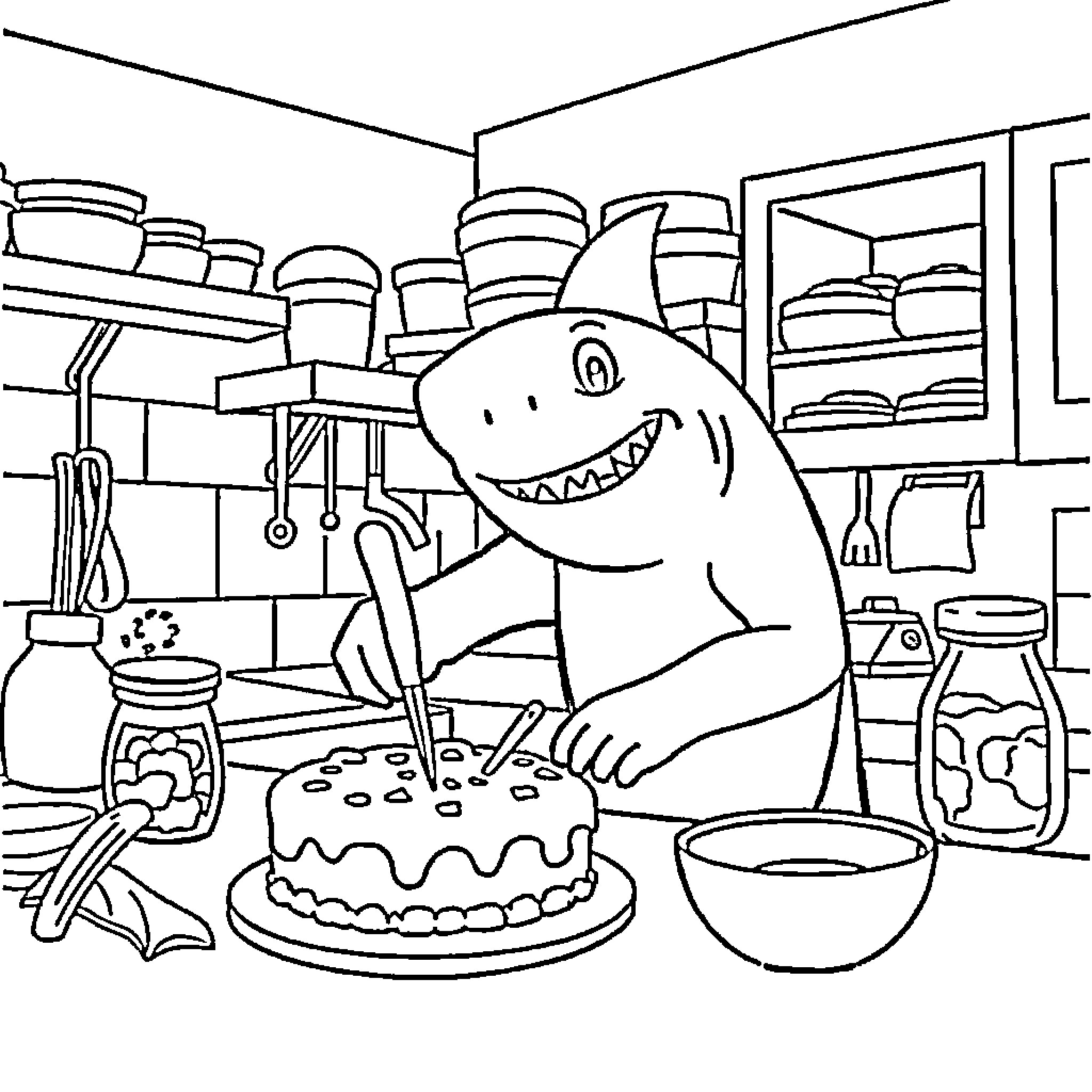 Shark decorating a cake in the kitchen Coloring Page (free black-and-white line drawing printable PDF for all, from beginners to advanced learners, including children, teens, adults, and seniors)