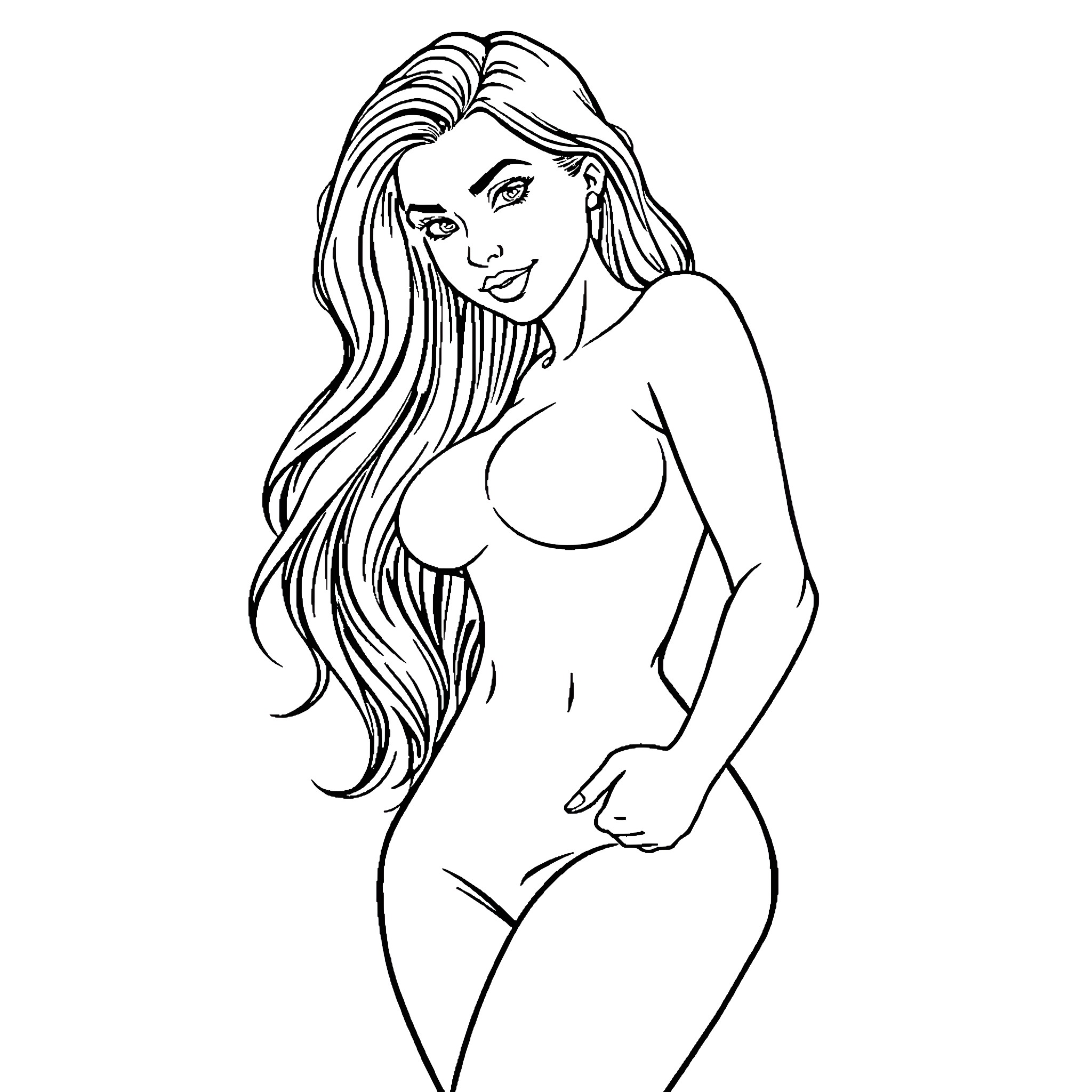 Woman with flowing hair and confident pose Coloring Page (free black-and-white line drawing printable PDF for all, from beginners to advanced learners, including children, teens, adults, and seniors)