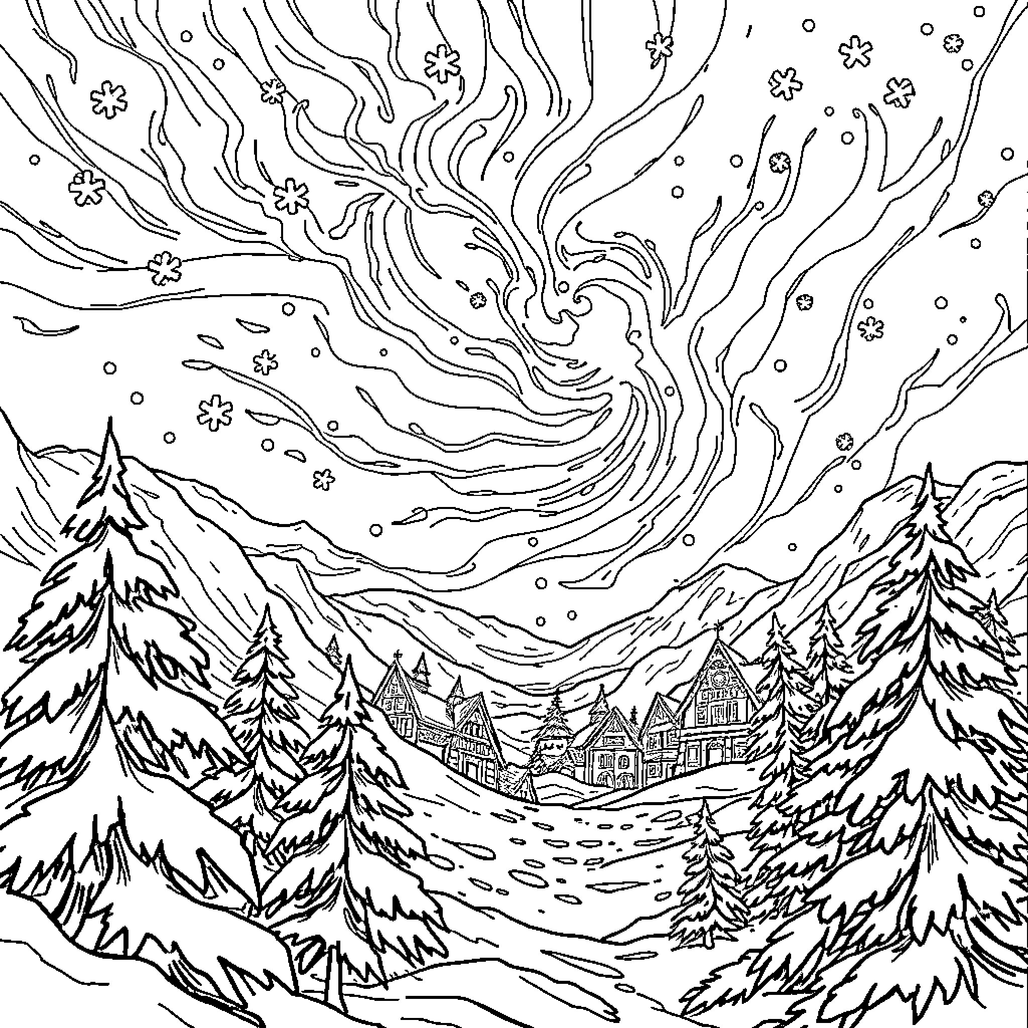 Christmas Snowfall Enchantment in the Countryside Coloring Page (free black-and-white line drawing printable PDF for all, from beginners to advanced learners, including children, teens, adults, and seniors)
