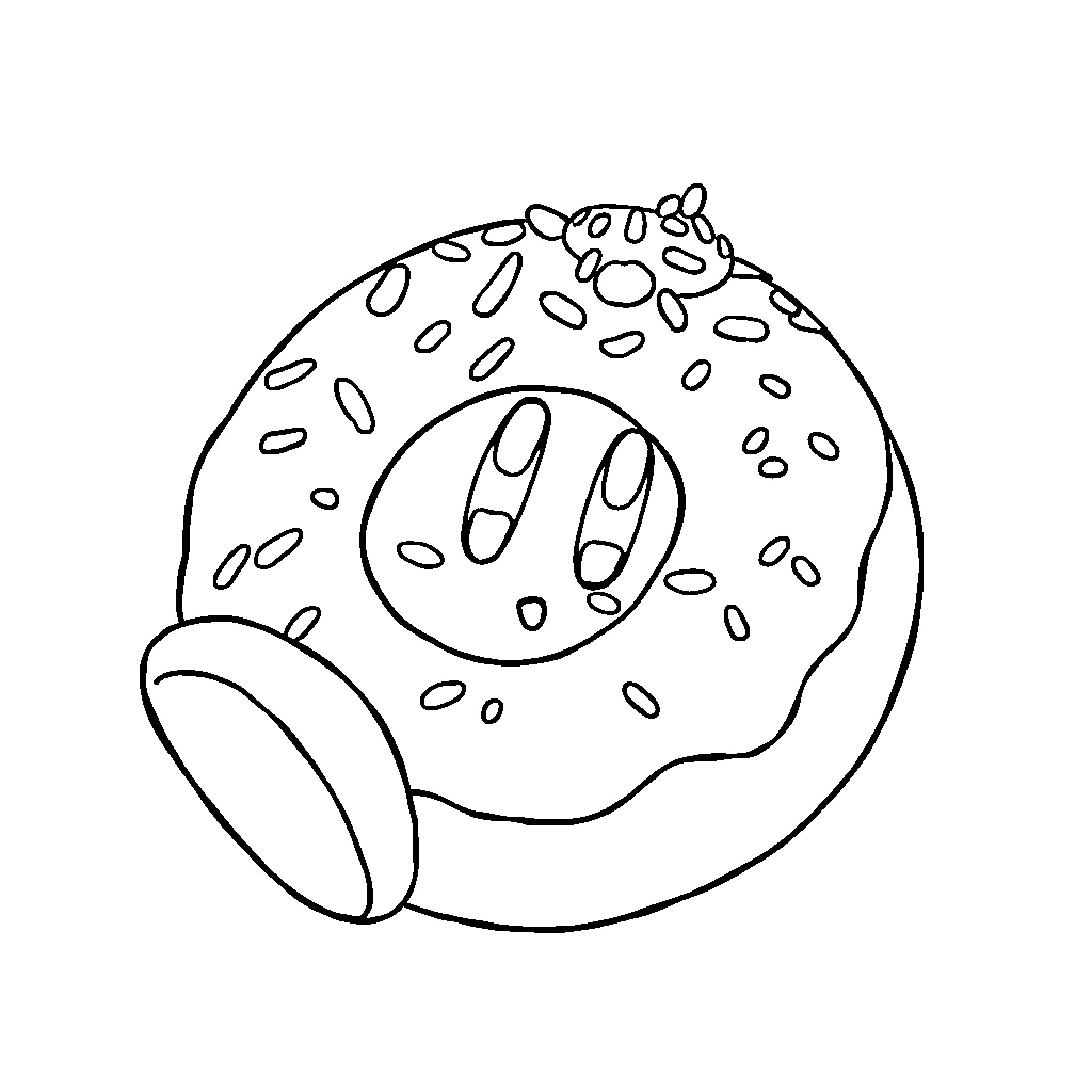 Kirby enjoying a donut-shaped snack Coloring Page (free black-and-white line drawing printable PDF for all, from beginners to advanced learners, including children, teens, adults, and seniors)