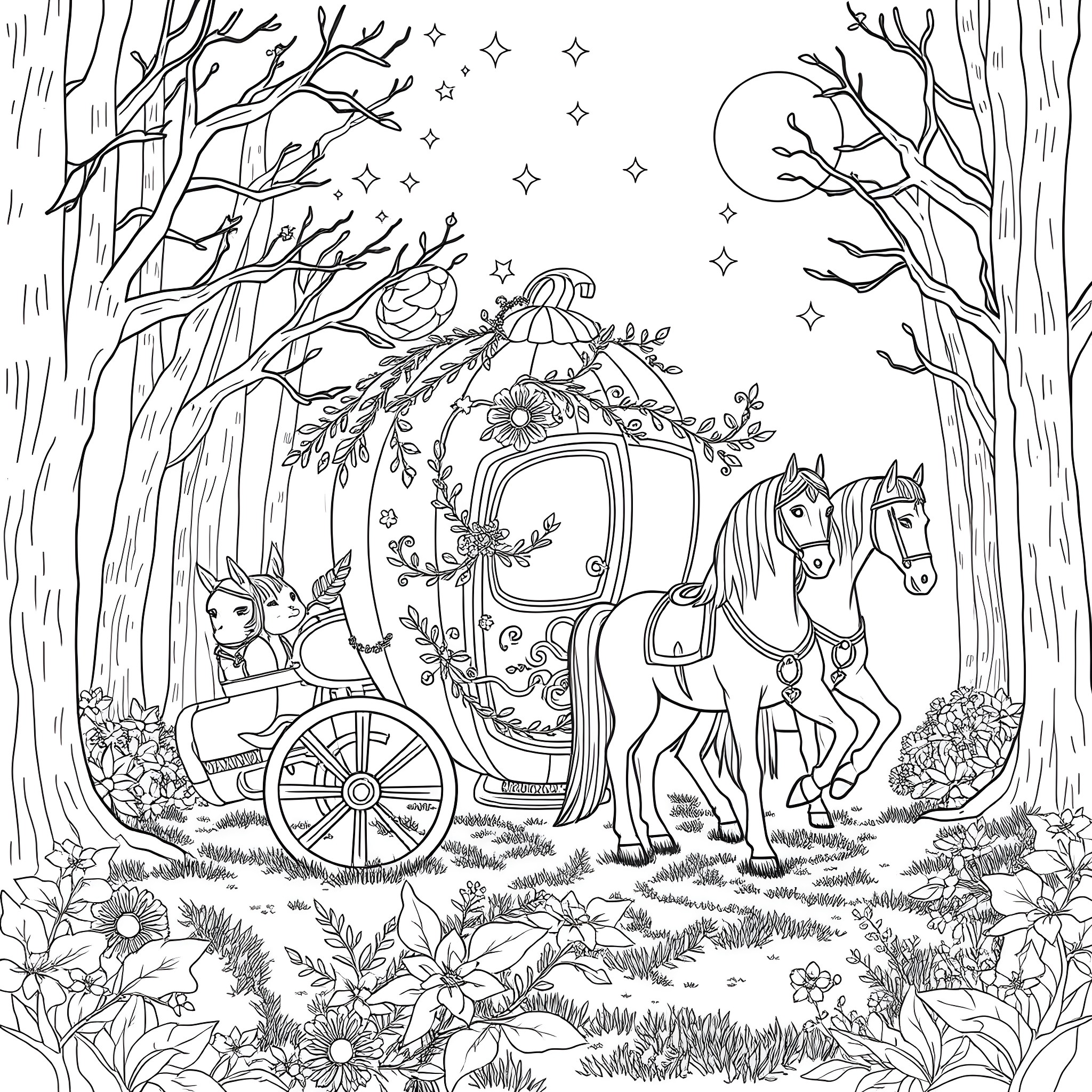 Pumpkin Carriage Drawn by Horses in Enchanted Forest Coloring Page (free black-and-white line drawing printable PDF for all, from beginners to advanced learners, including children, teens, adults, and seniors)