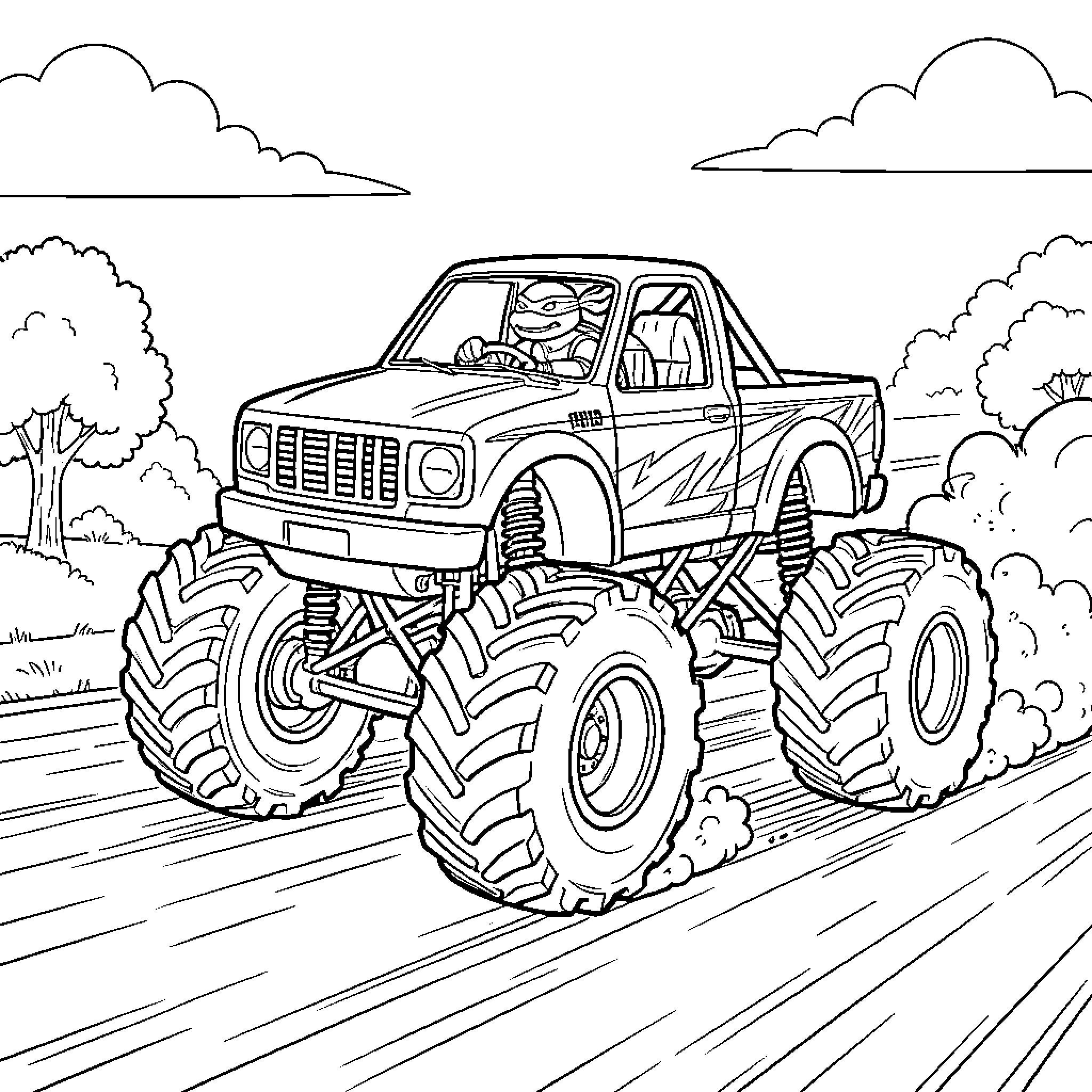 Ninja Turtle Monster Truck Jumping Over Obstacles Coloring Page (free black-and-white line drawing printable PDF for all, from beginners to advanced learners, including children, teens, adults, and seniors)