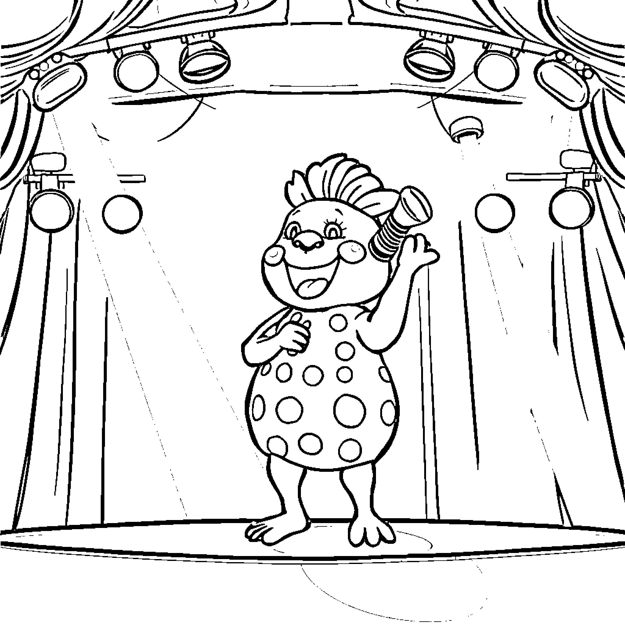 Labubu the Clown Entertains the Audience Coloring Page (free black-and-white line drawing printable PDF for all, from beginners to advanced learners, including children, teens, adults, and seniors)