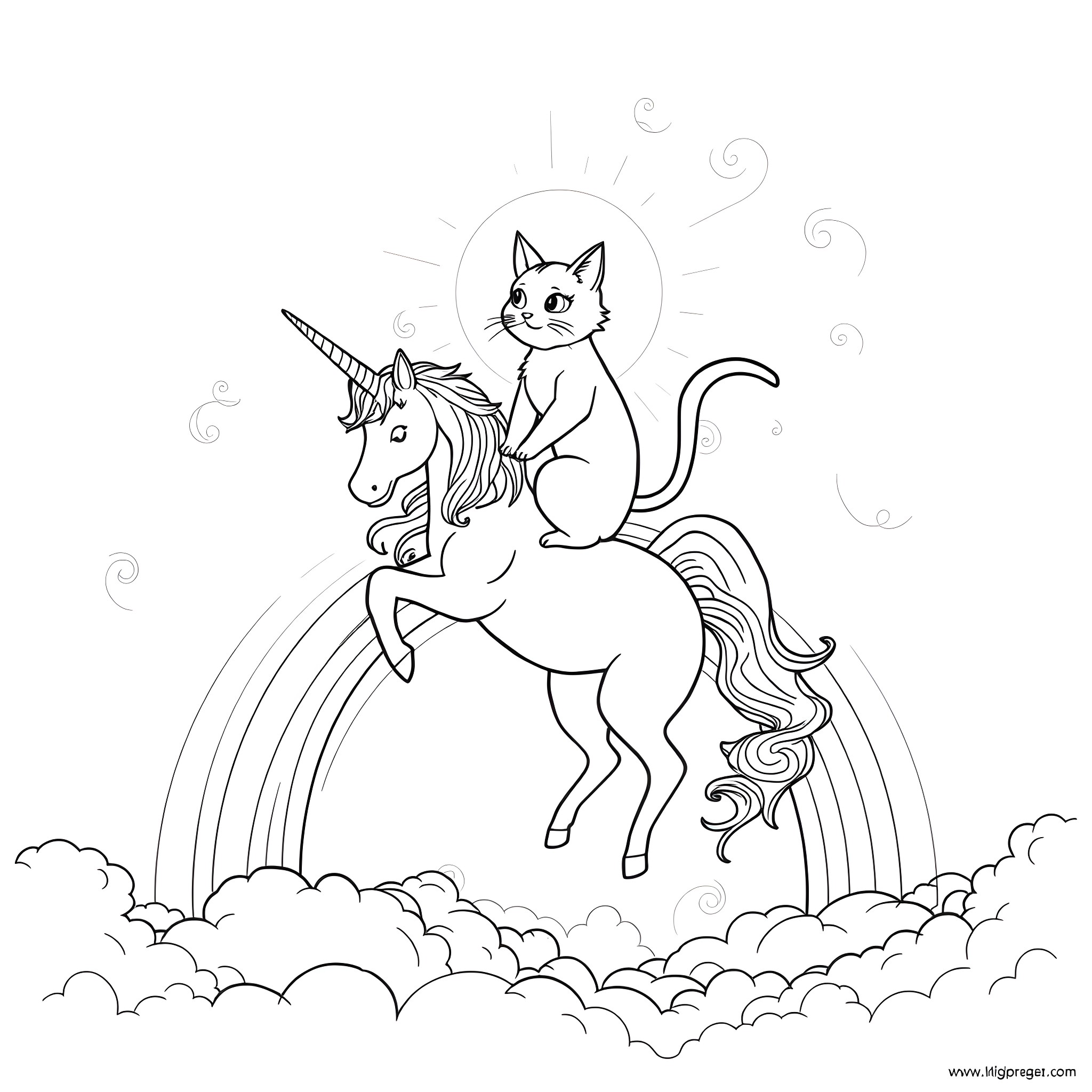 Cat riding a unicorn in the clouds Coloring Page (free black-and-white line drawing printable PDF for all, from beginners to advanced learners, including children, teens, adults, and seniors)
