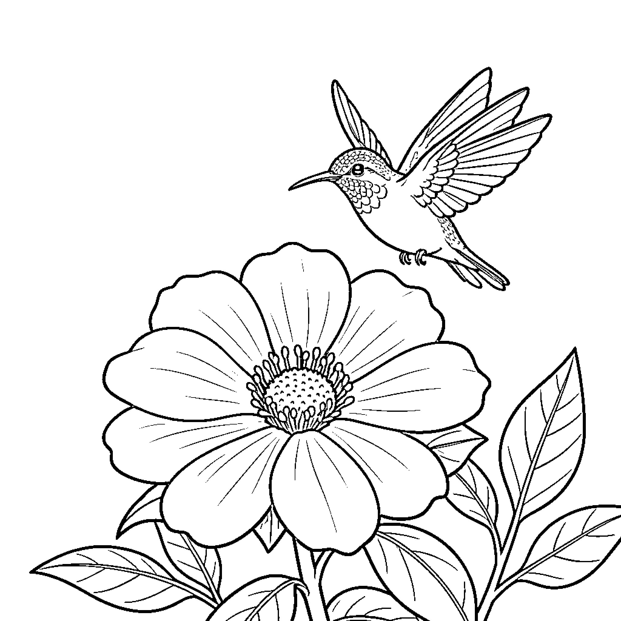 Hummingbird hovering near a vibrant flower Coloring Page (free black-and-white line drawing printable PDF for all, from beginners to advanced learners, including children, teens, adults, and seniors)