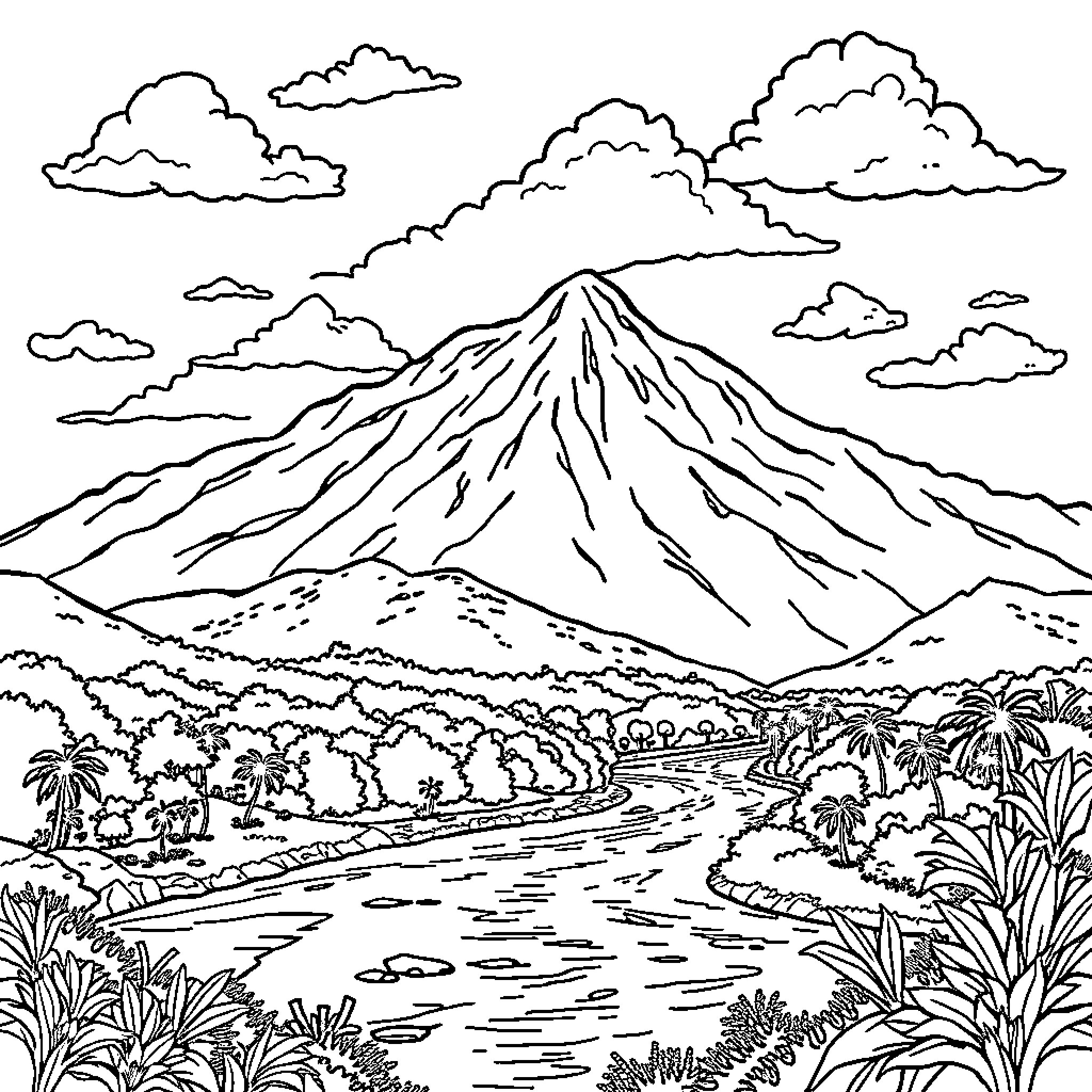 Landscape with majestic mountain and serene river Coloring Page (free black-and-white line drawing printable PDF for all, from beginners to advanced learners, including children, teens, adults, and seniors)