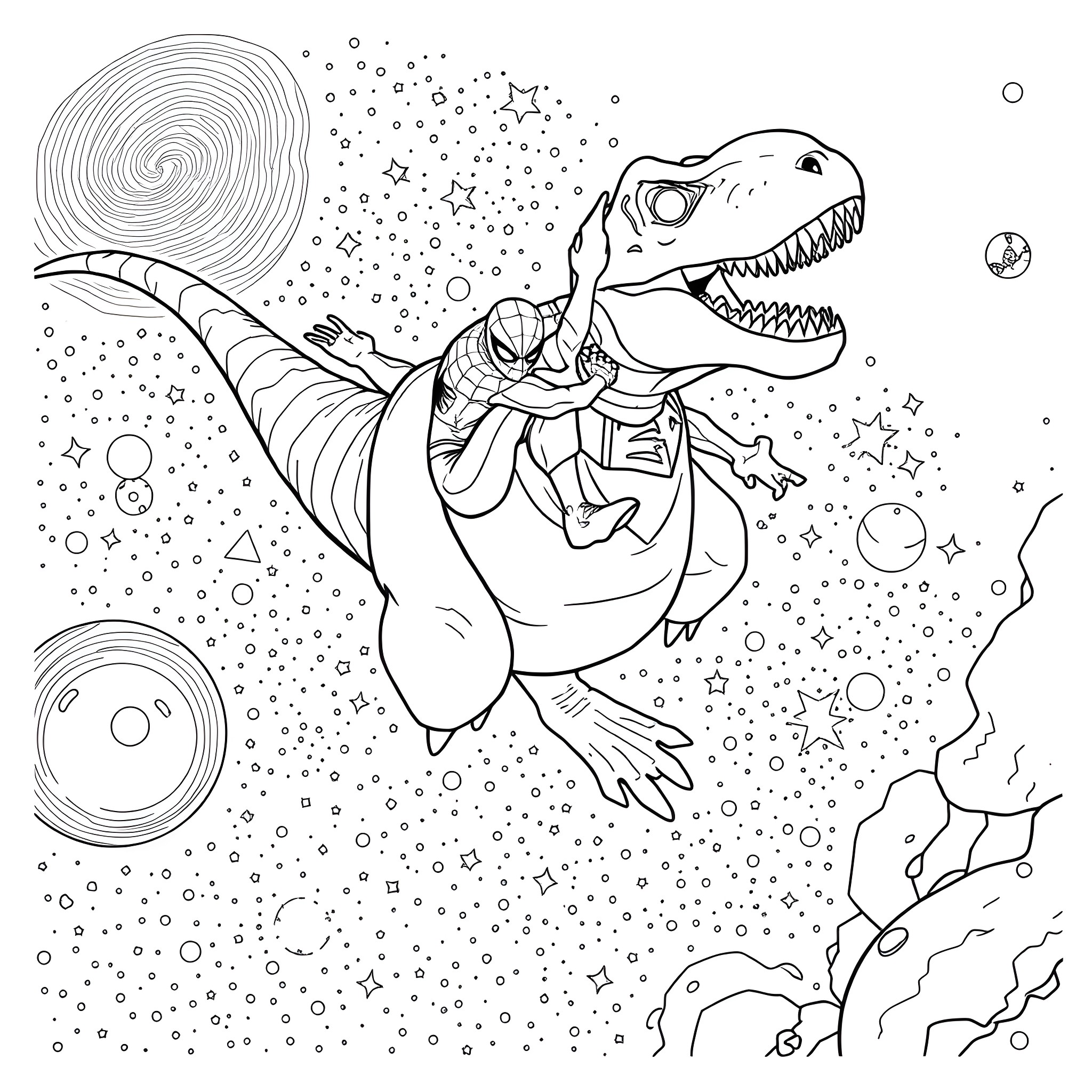 Spiderman battles a Tyrannosaurus Rex in outer space Coloring Page (free black-and-white line drawing printable PDF for all, from beginners to advanced learners, including children, teens, adults, and seniors)