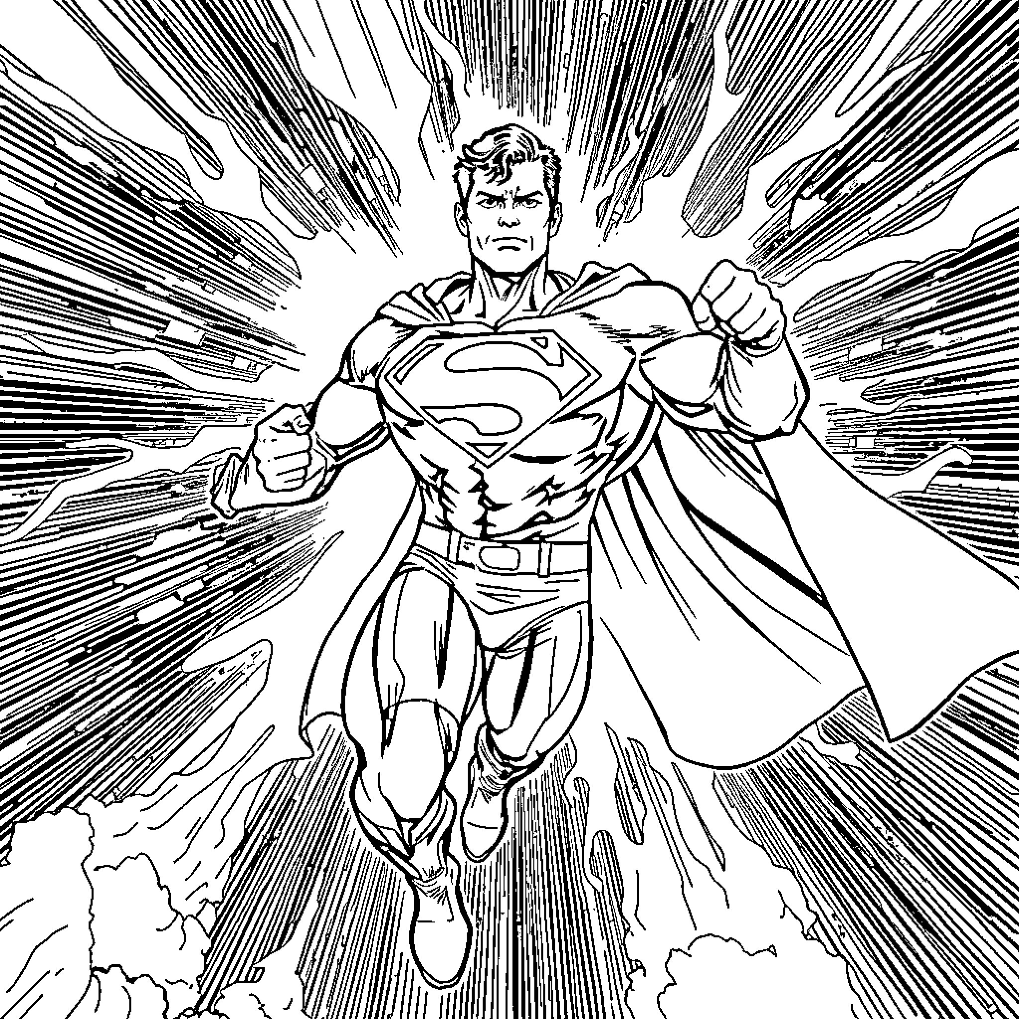 Superman showcases his heroic powers in action Coloring Page (free black-and-white line drawing printable PDF for all, from beginners to advanced learners, including children, teens, adults, and seniors)