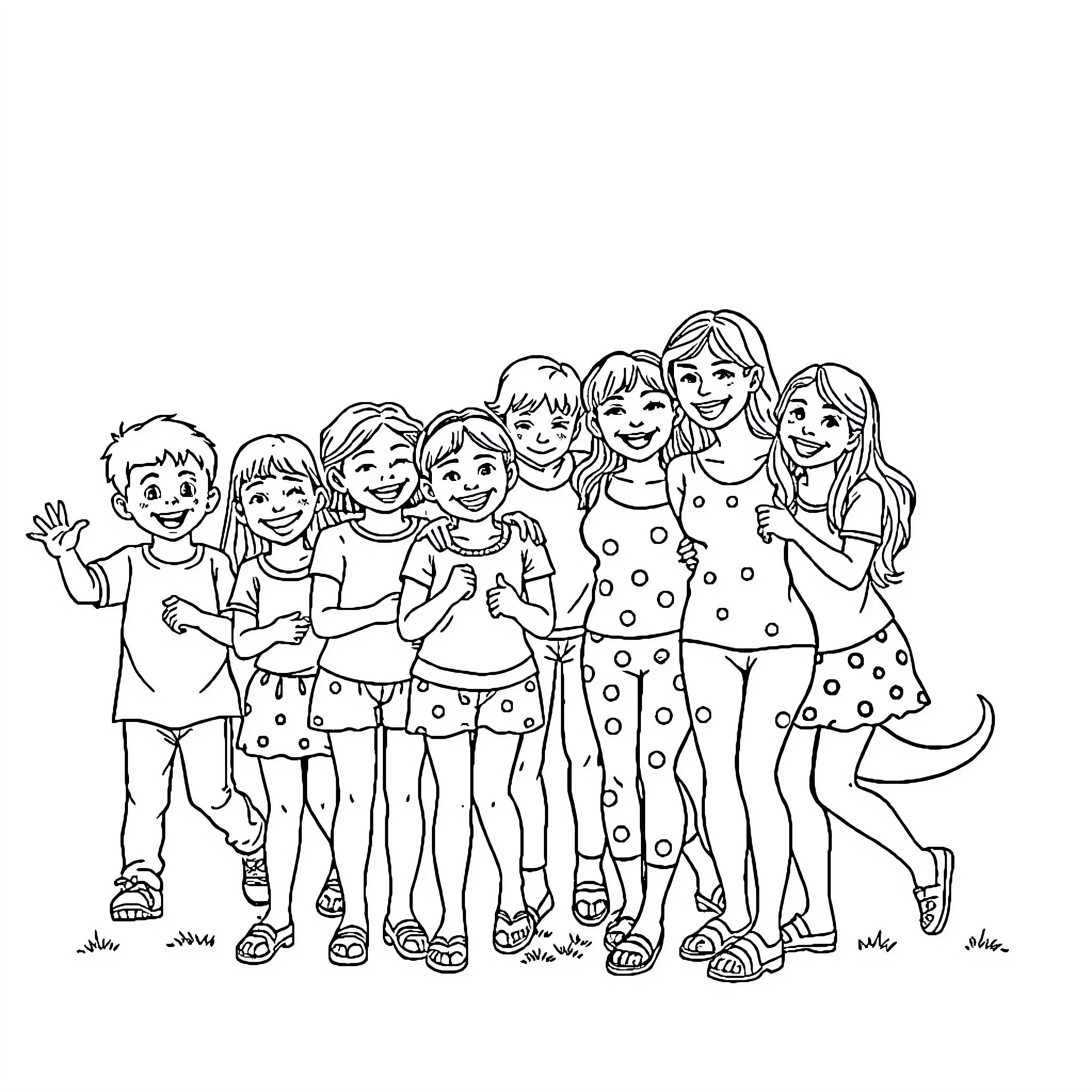 Child friends enjoying a happy gathering Coloring Page (free black-and-white line drawing printable PDF for all, from beginners to advanced learners, including children, teens, adults, and seniors)
