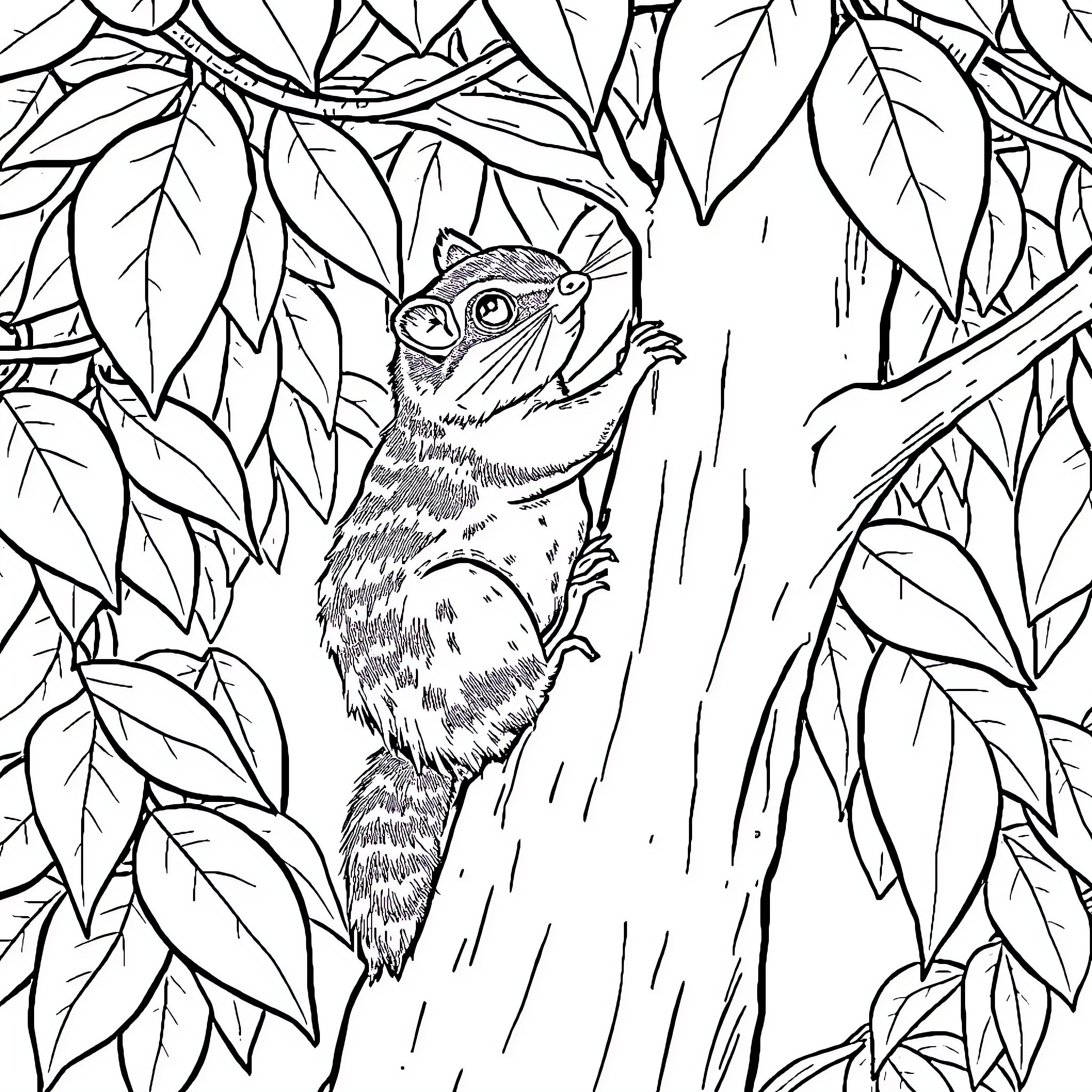 Squirrel climbing up a tree in the forest Coloring Page (free black-and-white line drawing printable PDF for all, from beginners to advanced learners, including children, teens, adults, and seniors)