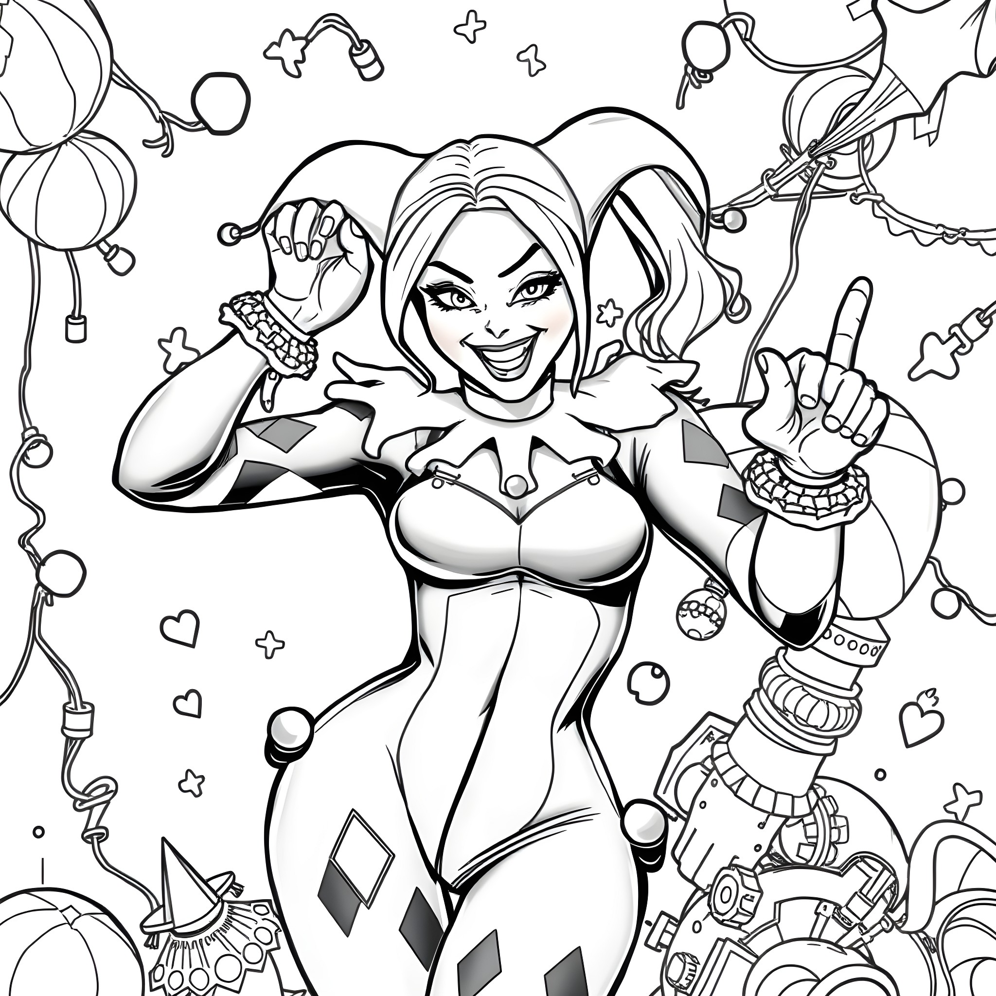 Harley Quinn's Mischievous and Playful Antics Coloring Page (free black-and-white line drawing printable PDF for all, from beginners to advanced learners, including children, teens, adults, and seniors)