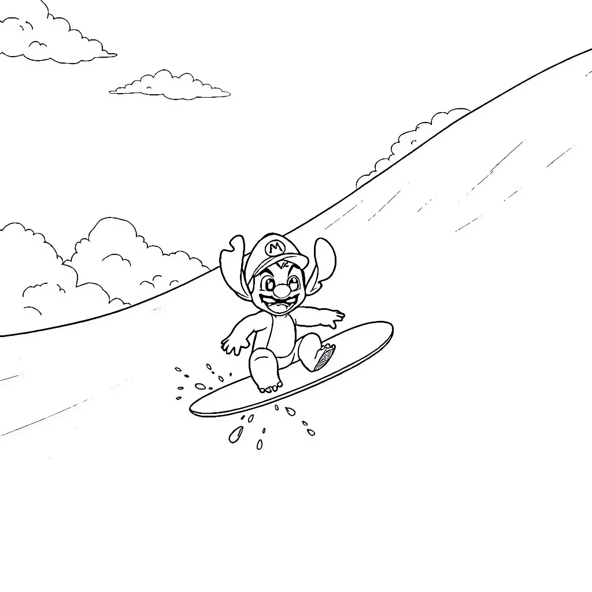 Stitch surfing in the cloudy sky Coloring Page (free black-and-white line drawing printable PDF for all, from beginners to advanced learners, including children, teens, adults, and seniors)