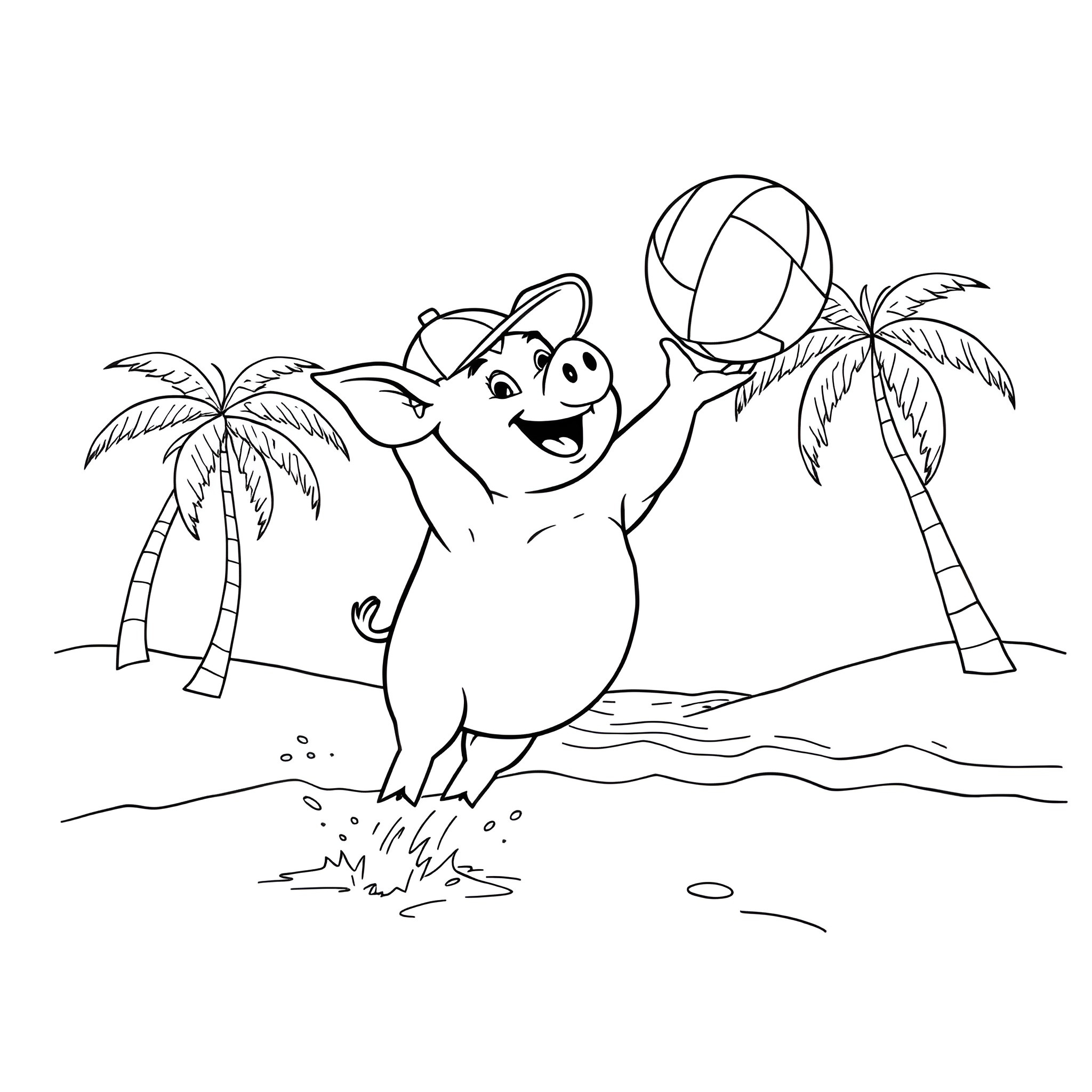 Pig playing cheerfully with a beach ball Coloring Page (free black-and-white line drawing printable PDF for all, from beginners to advanced learners, including children, teens, adults, and seniors)