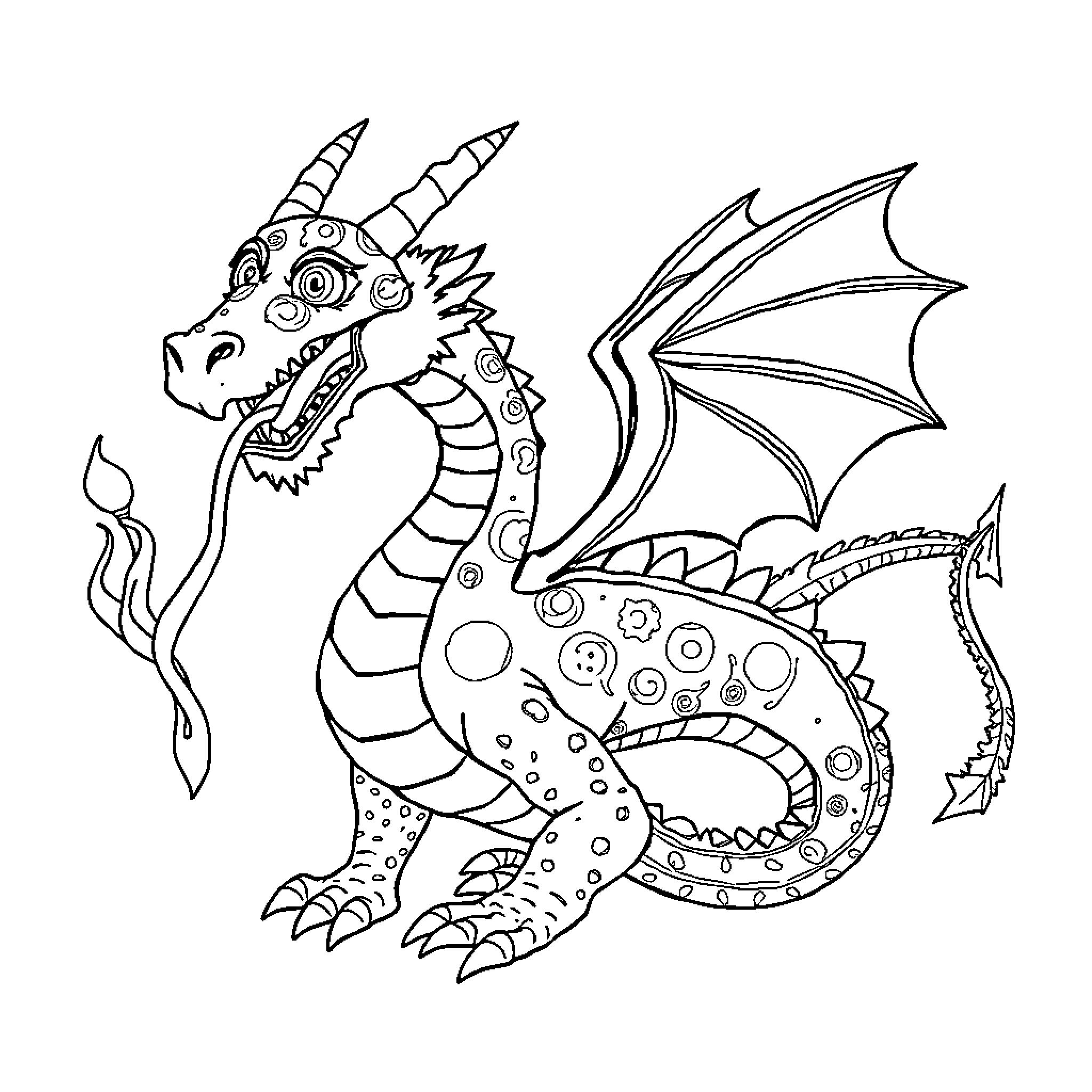 Dragon with Elaborate Patterns and Expressions Coloring Page (free black-and-white line drawing printable PDF for all, from beginners to advanced learners, including children, teens, adults, and seniors)