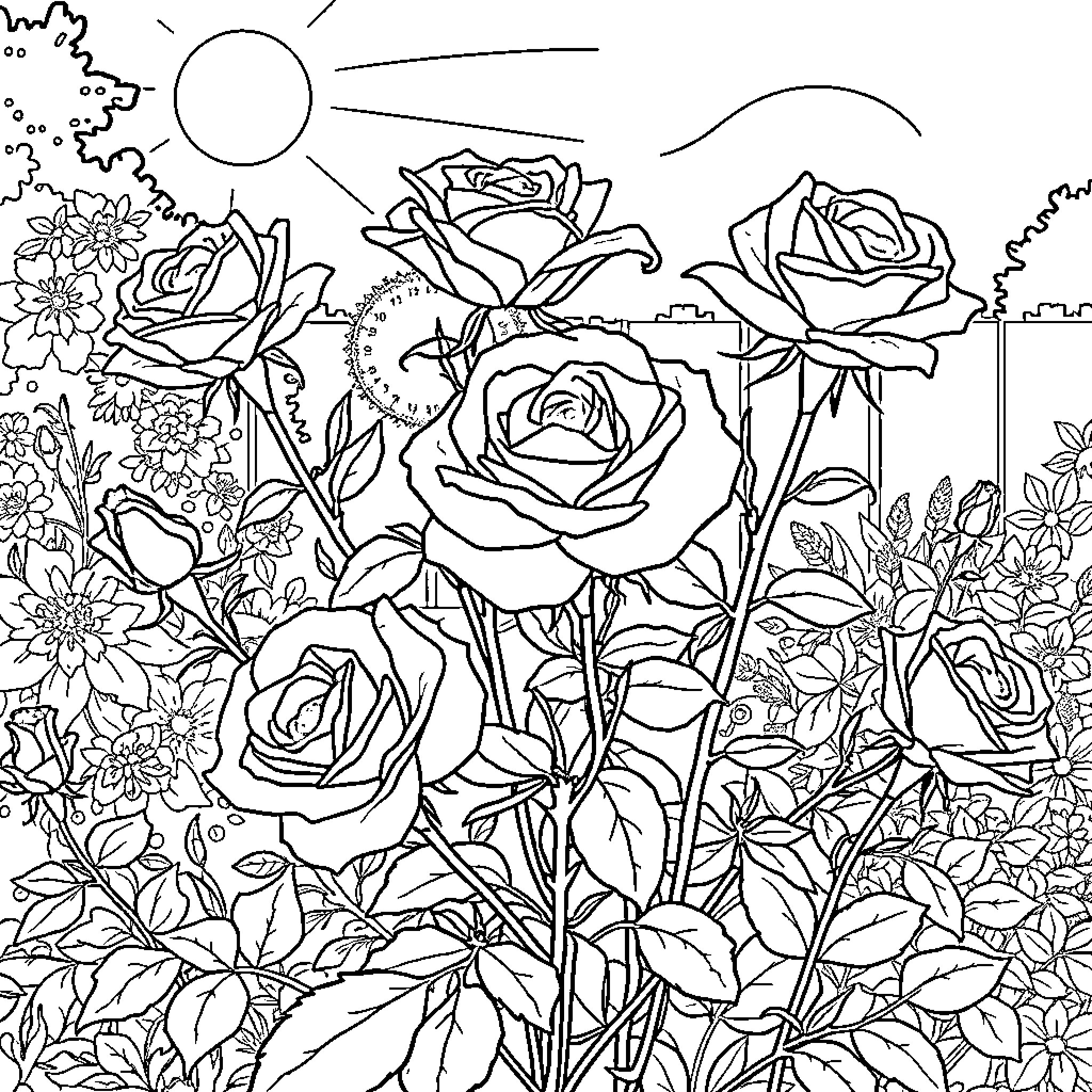 Rose Garden Blooming in the Sunlight Coloring Page (free black-and-white line drawing printable PDF for all, from beginners to advanced learners, including children, teens, adults, and seniors)