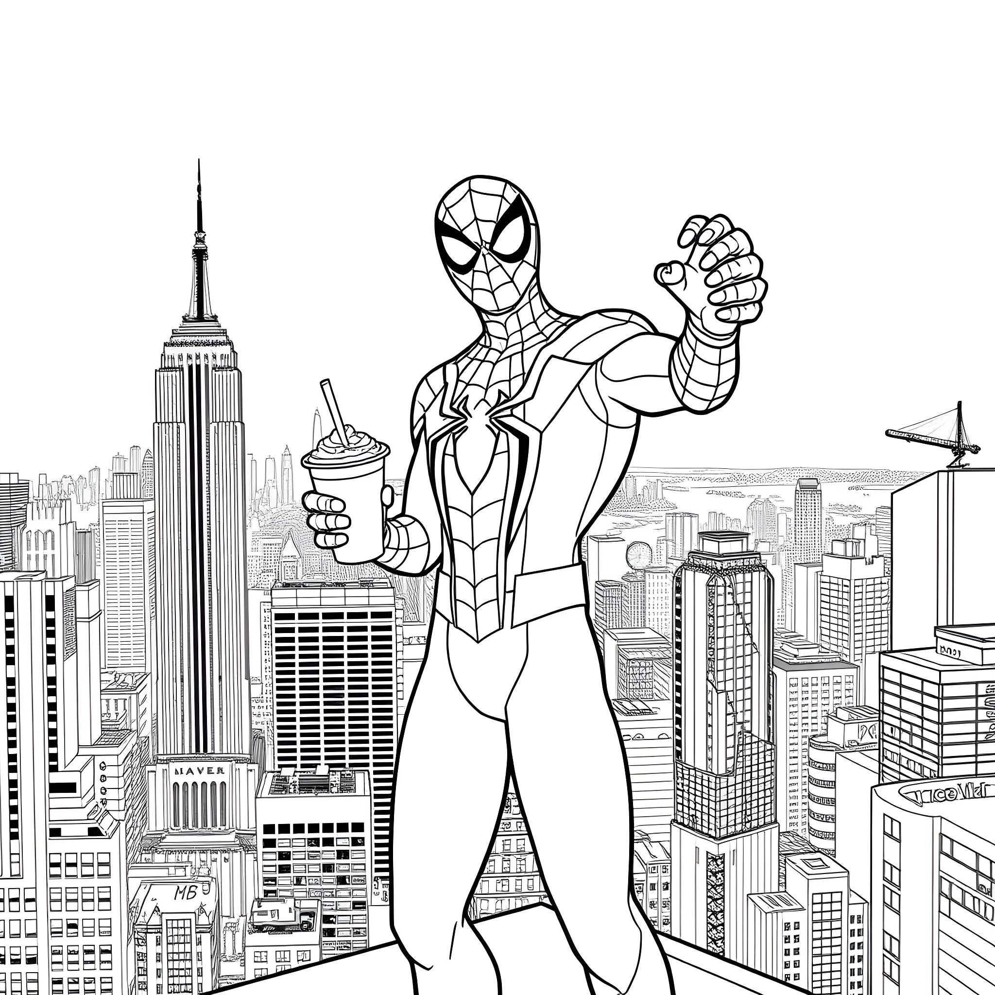 Spiderman swinging through the city skyline Coloring Page (free black-and-white line drawing printable PDF for all, from beginners to advanced learners, including children, teens, adults, and seniors)