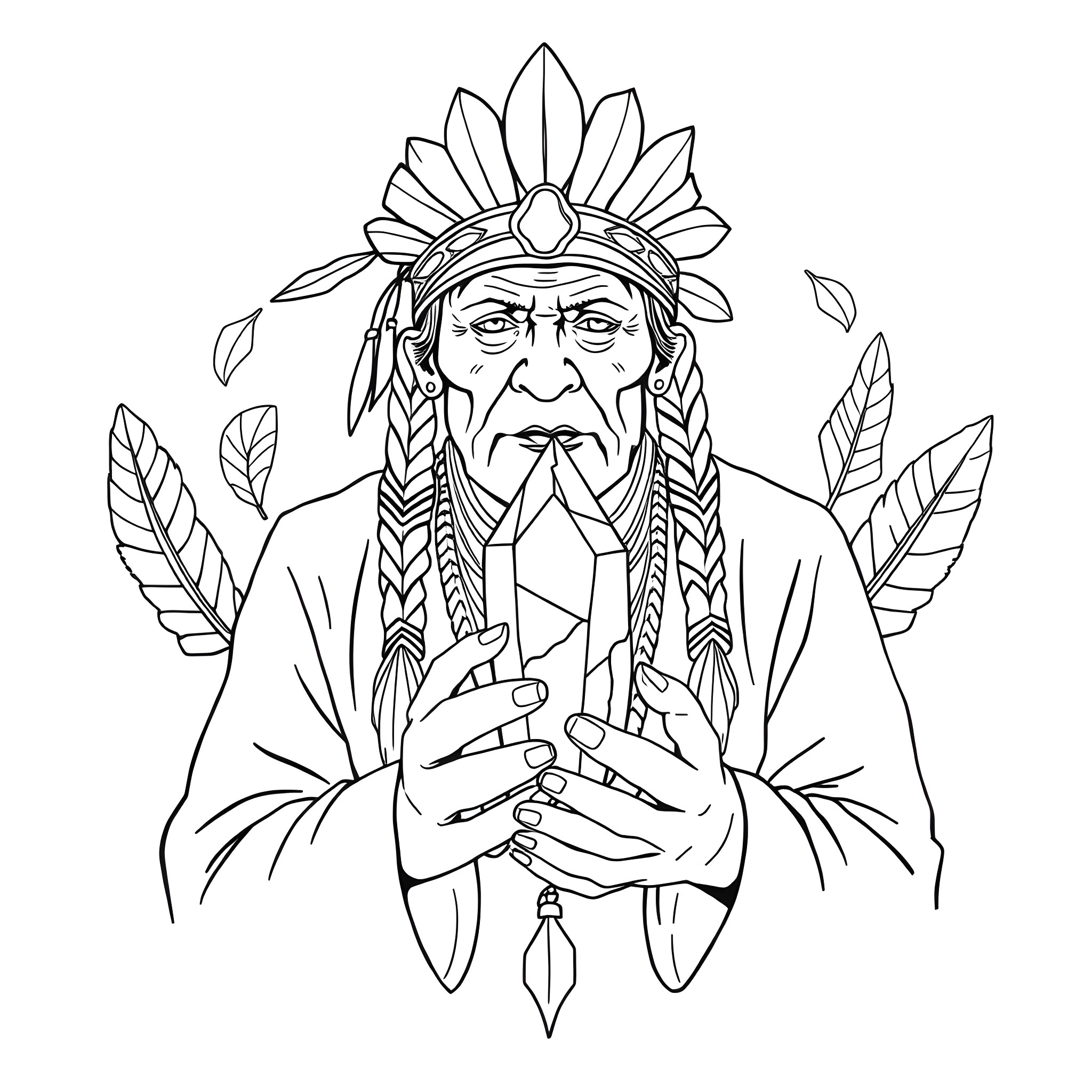 Crystal Native American Warrior in Contemplation Coloring Page (free black-and-white line drawing printable PDF for all, from beginners to advanced learners, including children, teens, adults, and seniors)