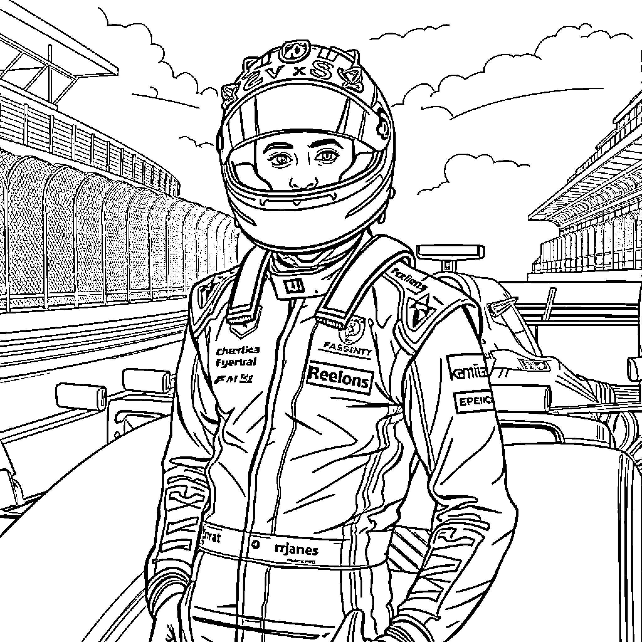 Charles Leclerc in Racing Gear at the Racetrack Coloring Page (free black-and-white line drawing printable PDF for all, from beginners to advanced learners, including children, teens, adults, and seniors)