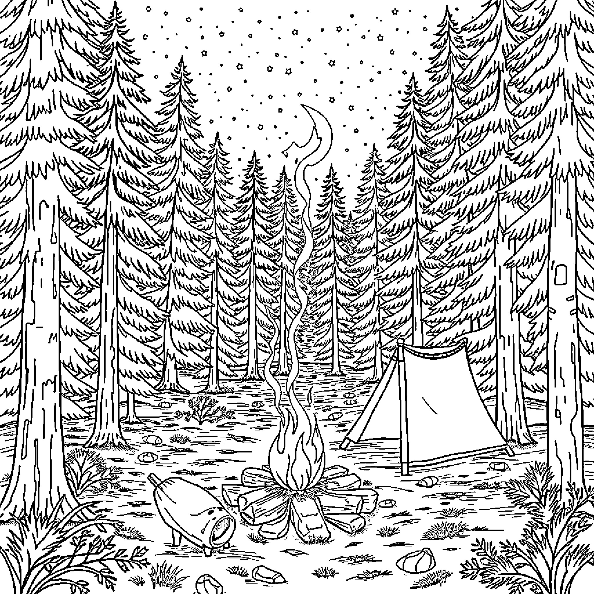 Camping in a snowy forest with a tent and campfire Coloring Page (free black-and-white line drawing printable PDF for all, from beginners to advanced learners, including children, teens, adults, and seniors)