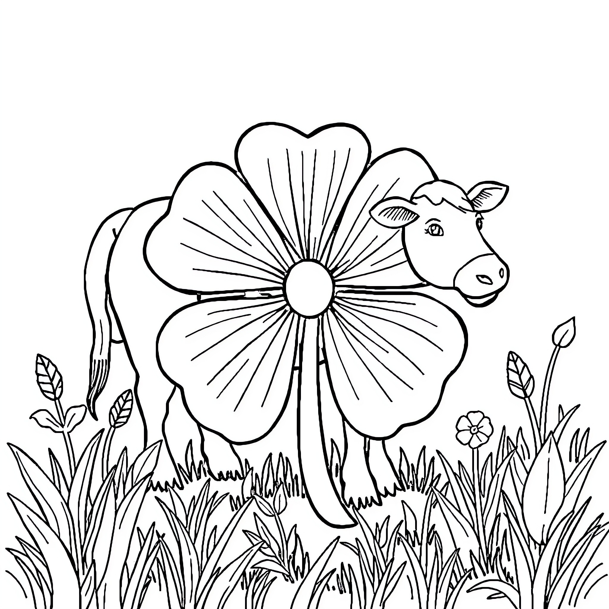 4H Cow Surrounded by Blooming Flowers Coloring Page (free black-and-white line drawing printable PDF for all, from beginners to advanced learners, including children, teens, adults, and seniors)