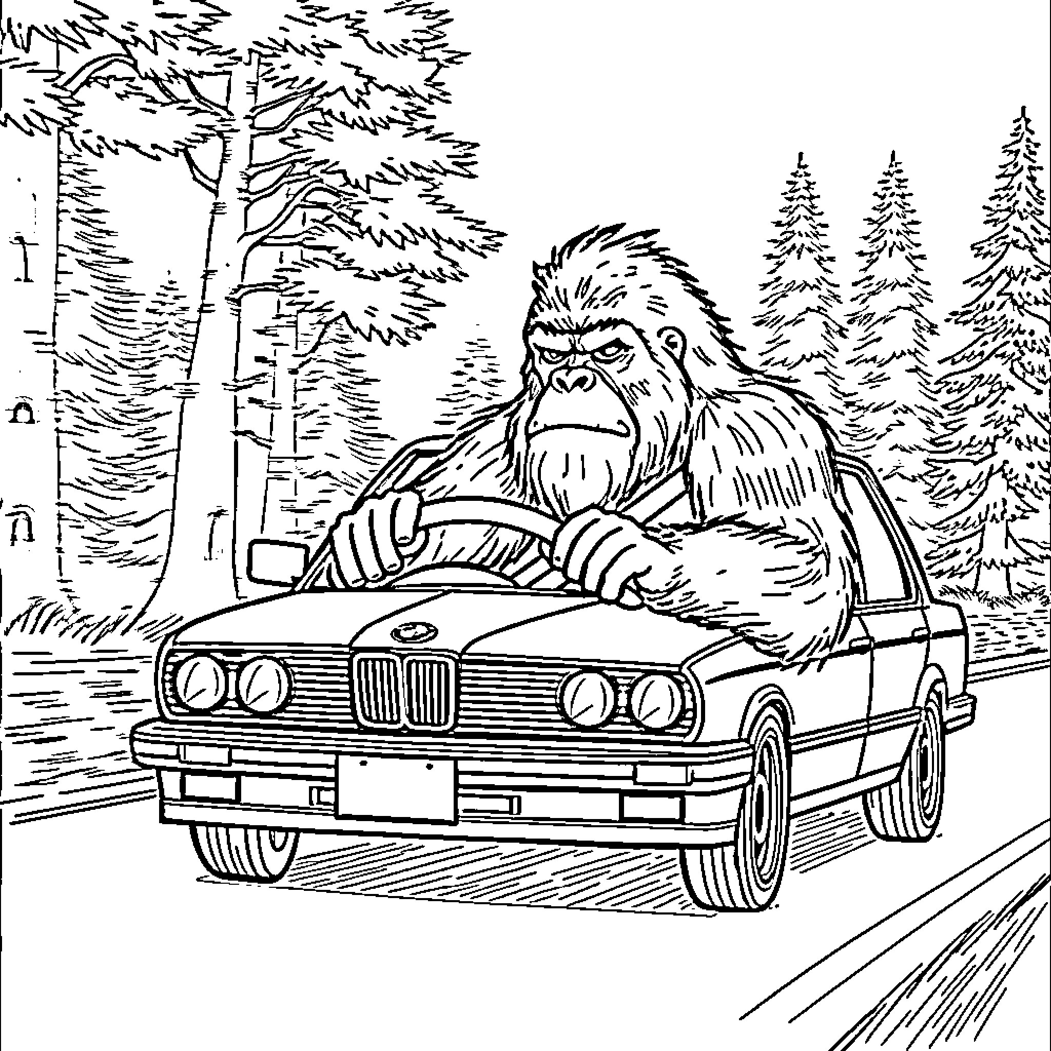 Bigfoot driving a car through the forest Coloring Page (free black-and-white line drawing printable PDF for all, from beginners to advanced learners, including children, teens, adults, and seniors)