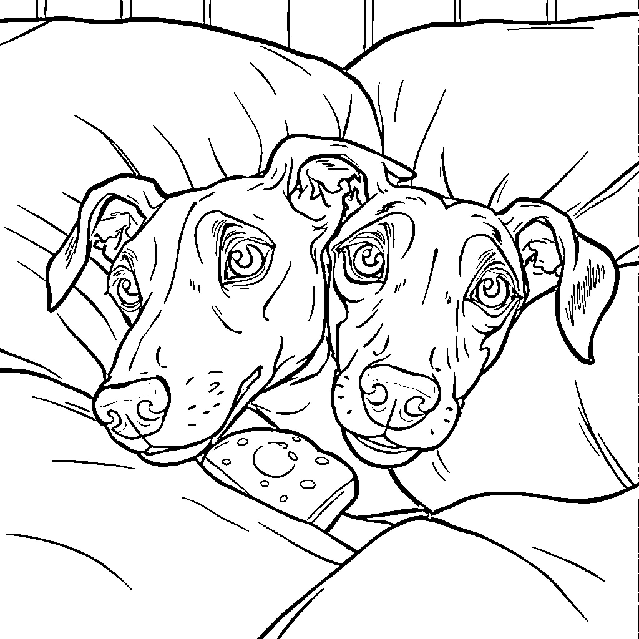Greyhounds Resting Together Peacefully Coloring Page (free black-and-white line drawing printable PDF for all, from beginners to advanced learners, including children, teens, adults, and seniors)