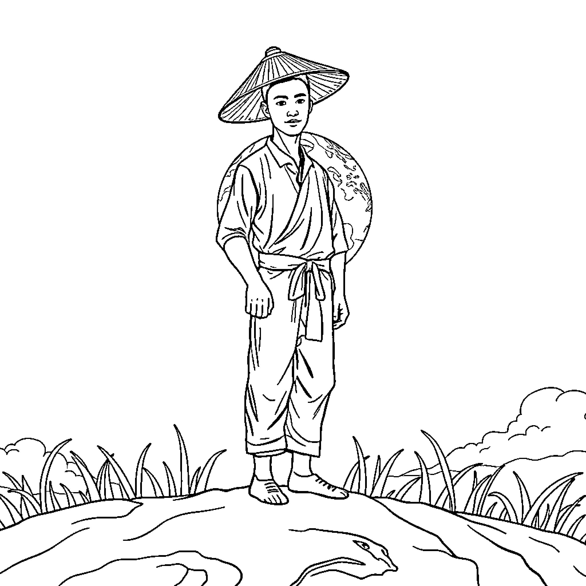 Farmer in traditional Asian outfit in a rural landscape Coloring Page (free black-and-white line drawing printable PDF for all, from beginners to advanced learners, including children, teens, adults, and seniors)
