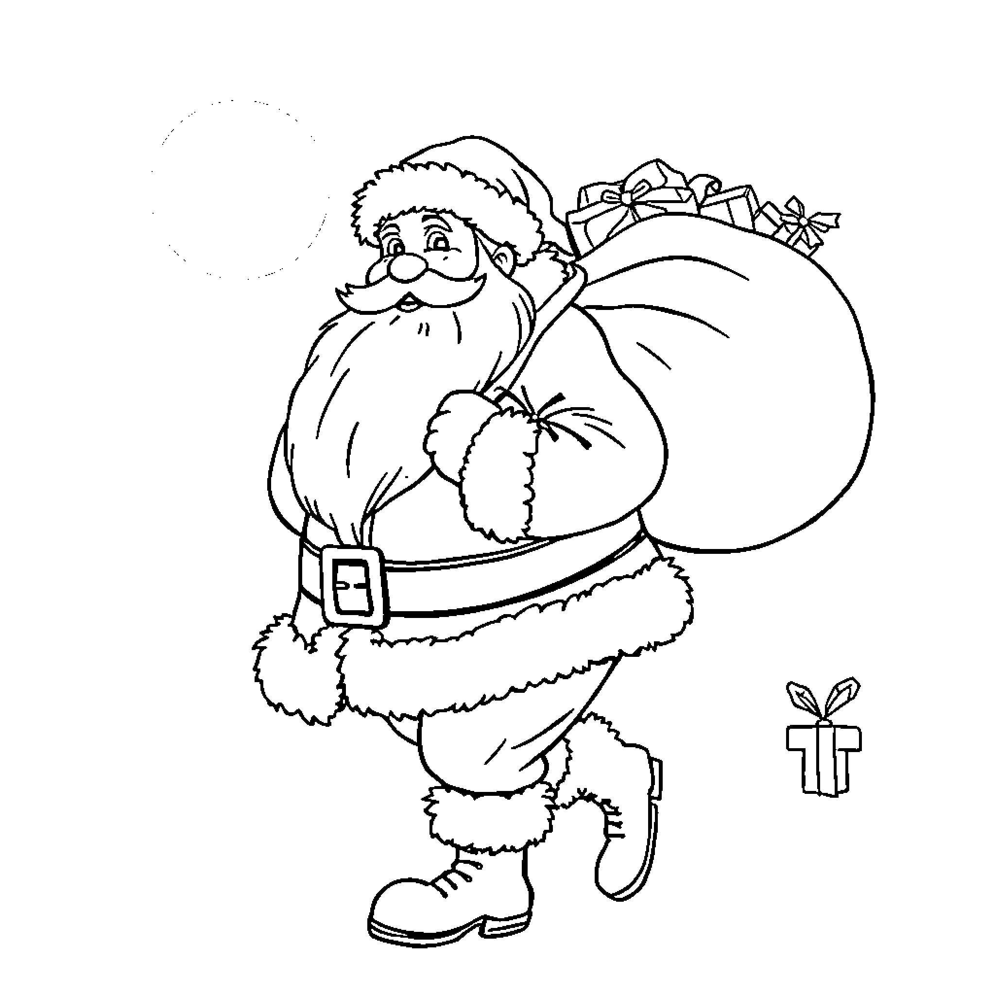 Santa Claus with Sack of Gifts Coloring Page (free black-and-white line drawing printable PDF for all, from beginners to advanced learners, including children, teens, adults, and seniors)