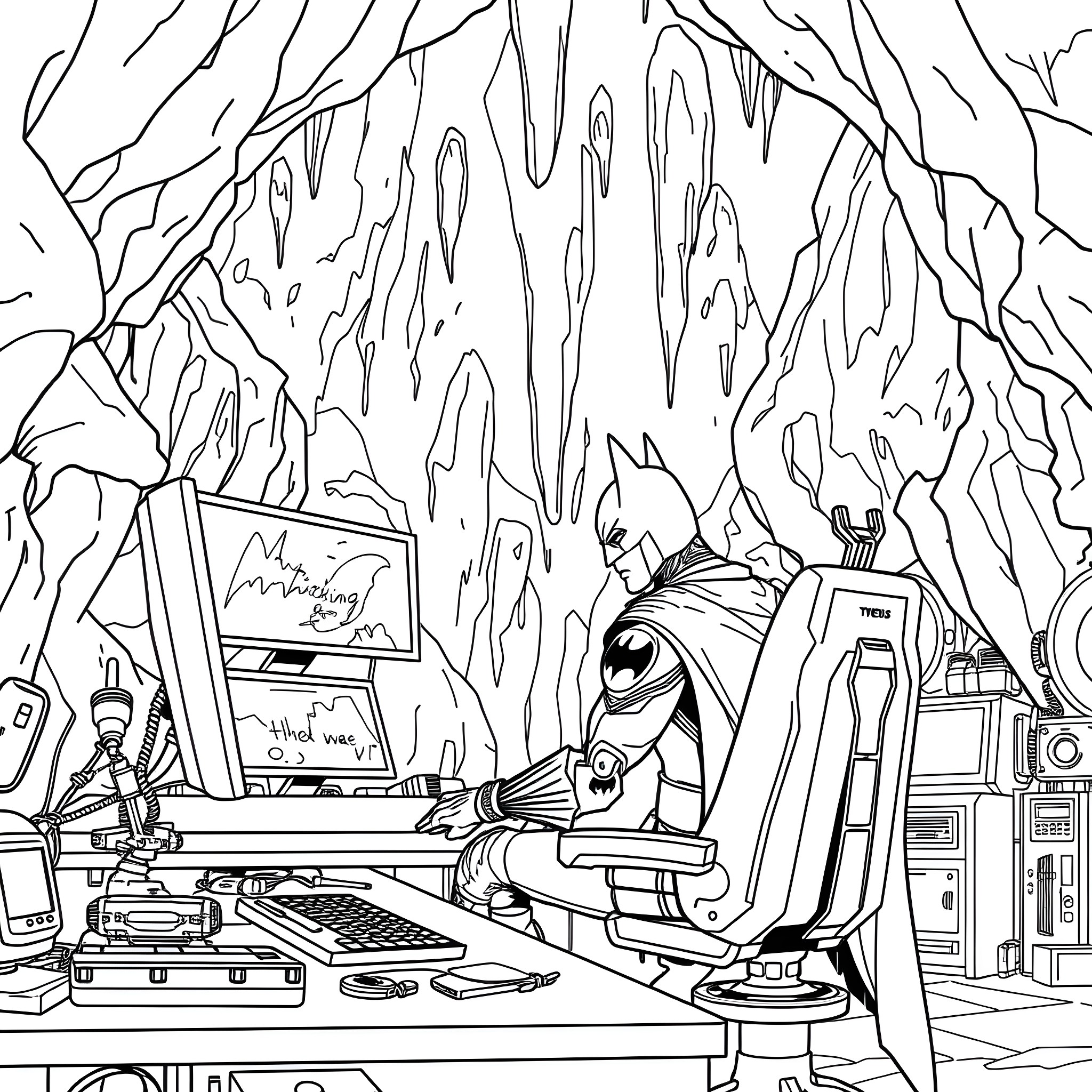 Cyborg Batman working on high-tech equipment in a futuristic cave Coloring Page (free black-and-white line drawing printable PDF for all, from beginners to advanced learners, including children, teens, adults, and seniors)