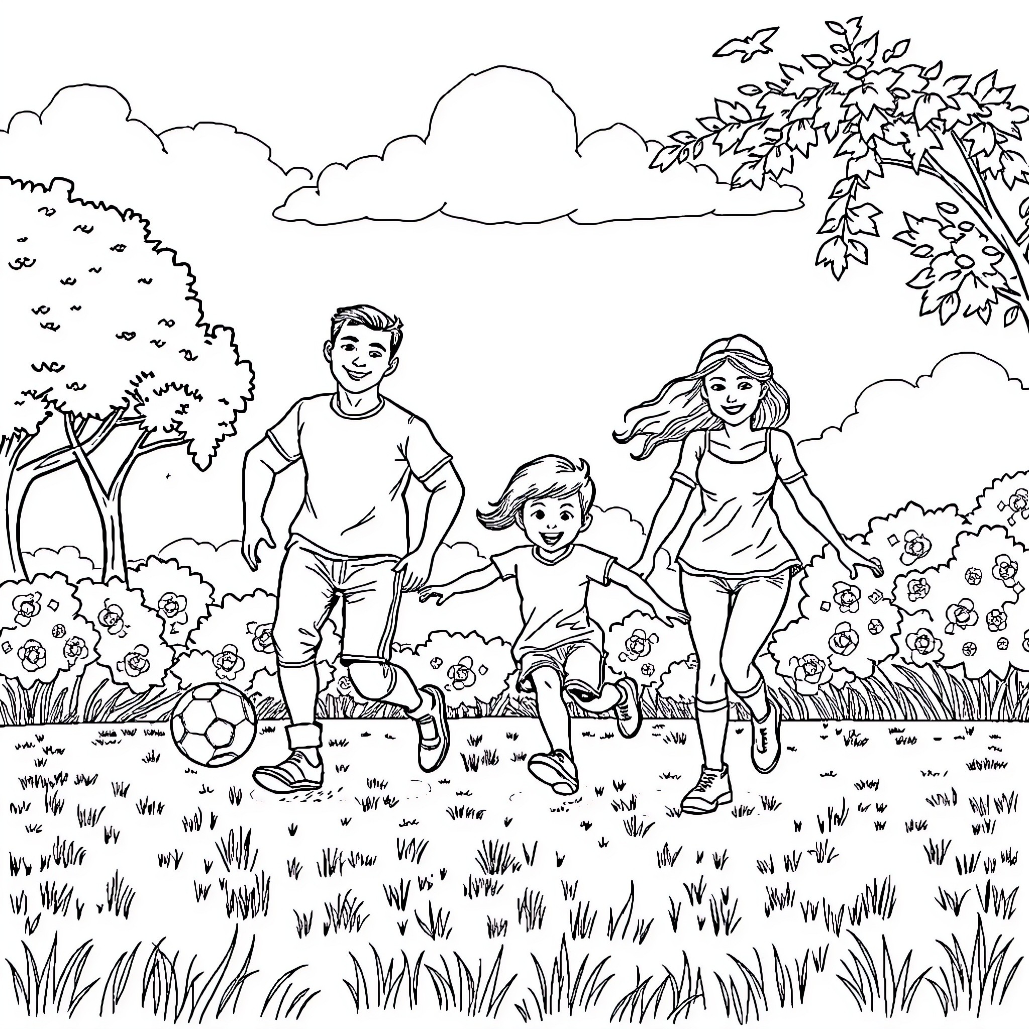 Family enjoying outdoor activities in nature Coloring Page (free black-and-white line drawing printable PDF for all, from beginners to advanced learners, including children, teens, adults, and seniors)