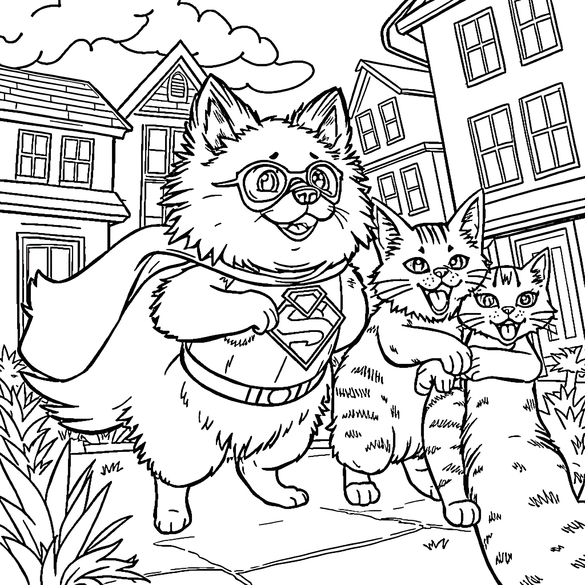 Pomeranian friends in a whimsical neighborhood Coloring Page (free black-and-white line drawing printable PDF for all, from beginners to advanced learners, including children, teens, adults, and seniors)