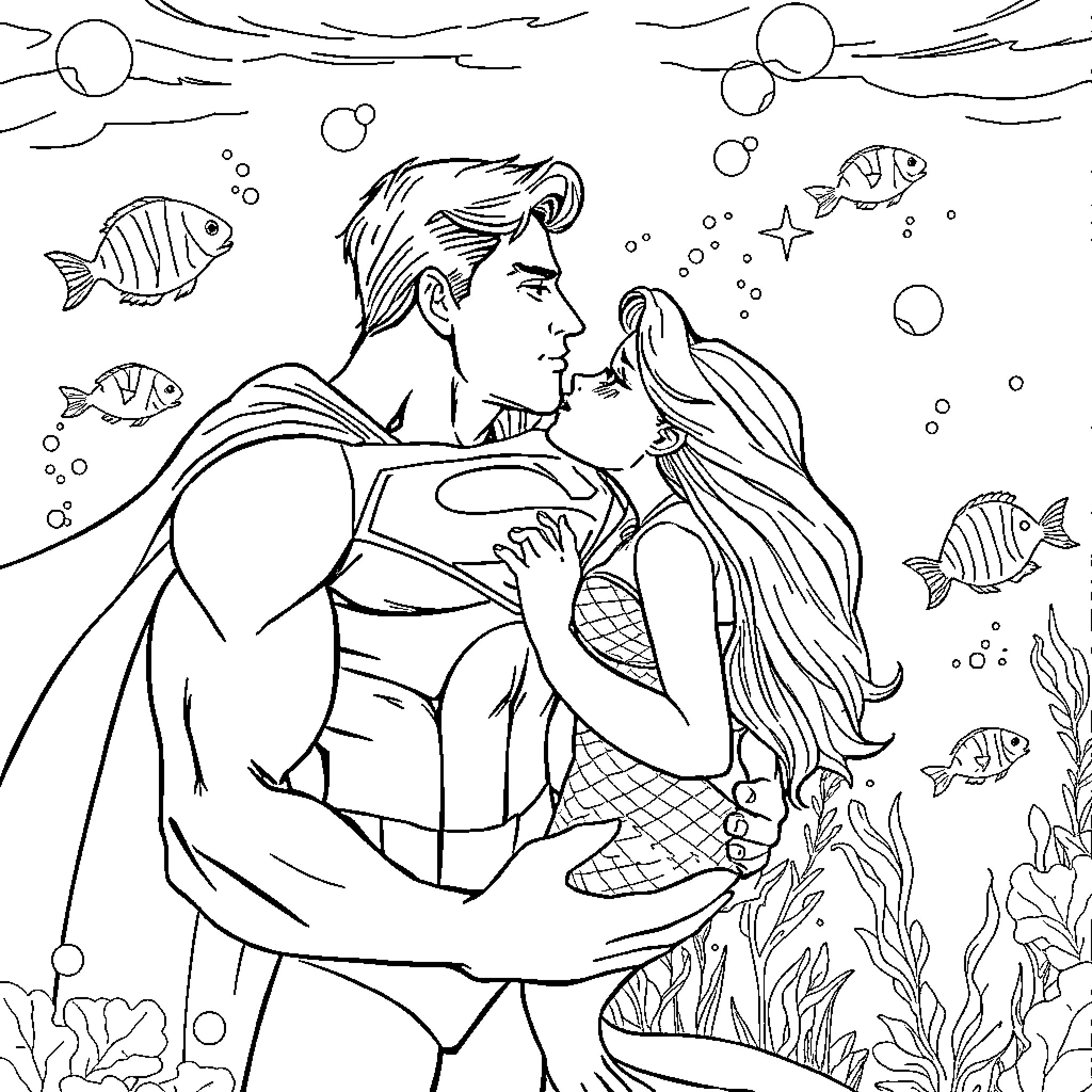 Superman embracing mermaid in underwater scene Coloring Page (free black-and-white line drawing printable PDF for all, from beginners to advanced learners, including children, teens, adults, and seniors)