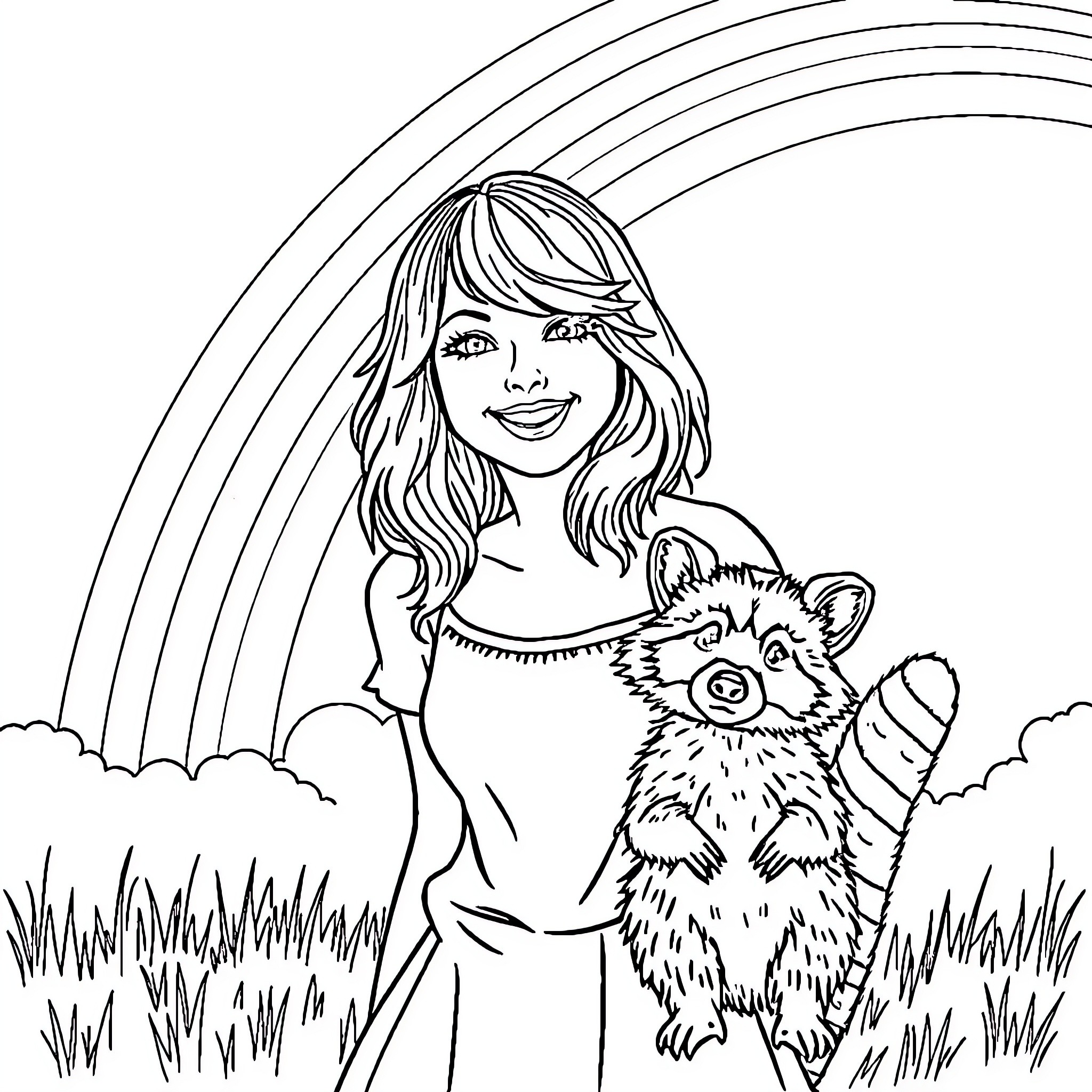 Taylor Swift posing with a cute raccoon in a field Coloring Page (free black-and-white line drawing printable PDF for all, from beginners to advanced learners, including children, teens, adults, and seniors)