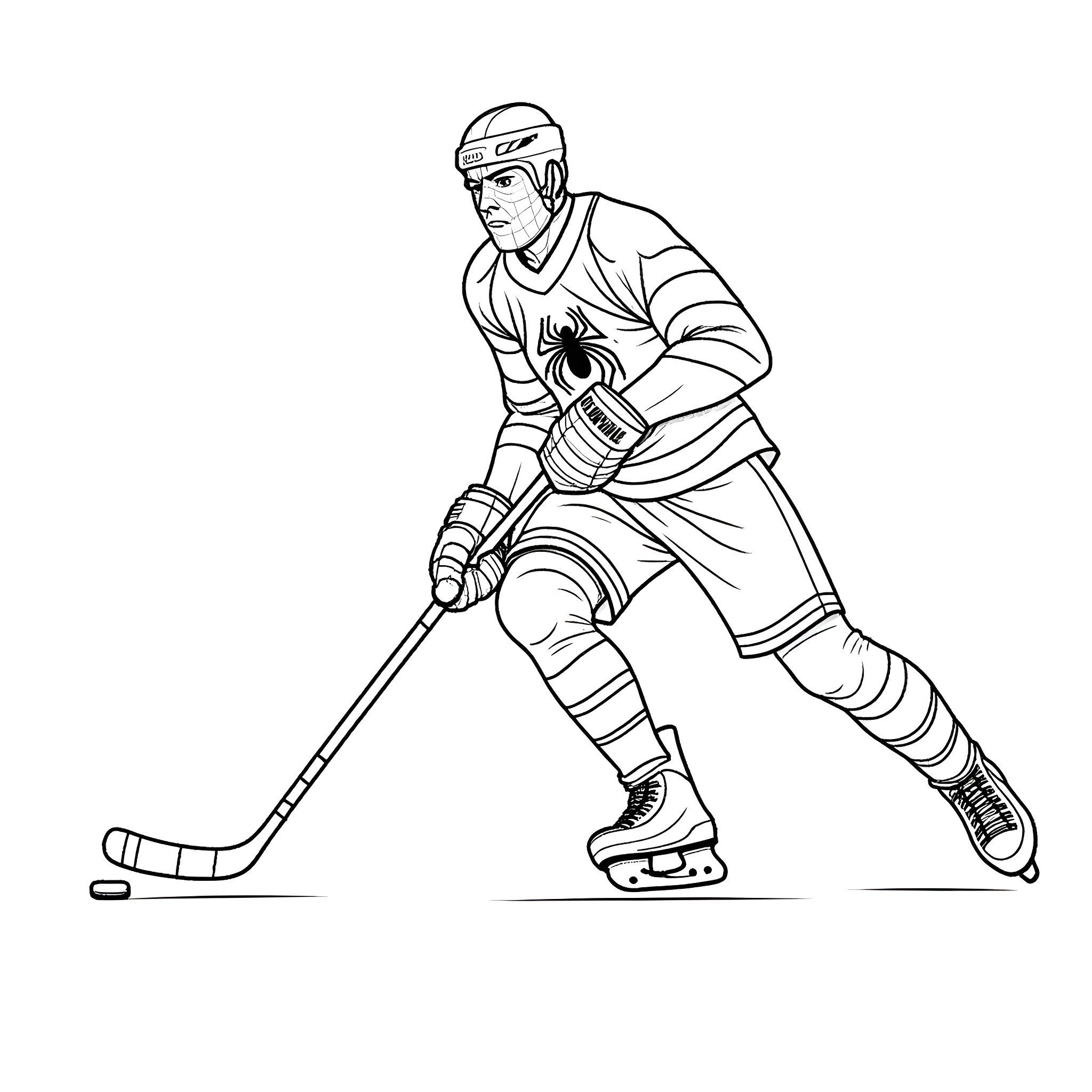 Spiderman playing ice hockey Coloring Page (free black-and-white line drawing printable PDF for all, from beginners to advanced learners, including children, teens, adults, and seniors)