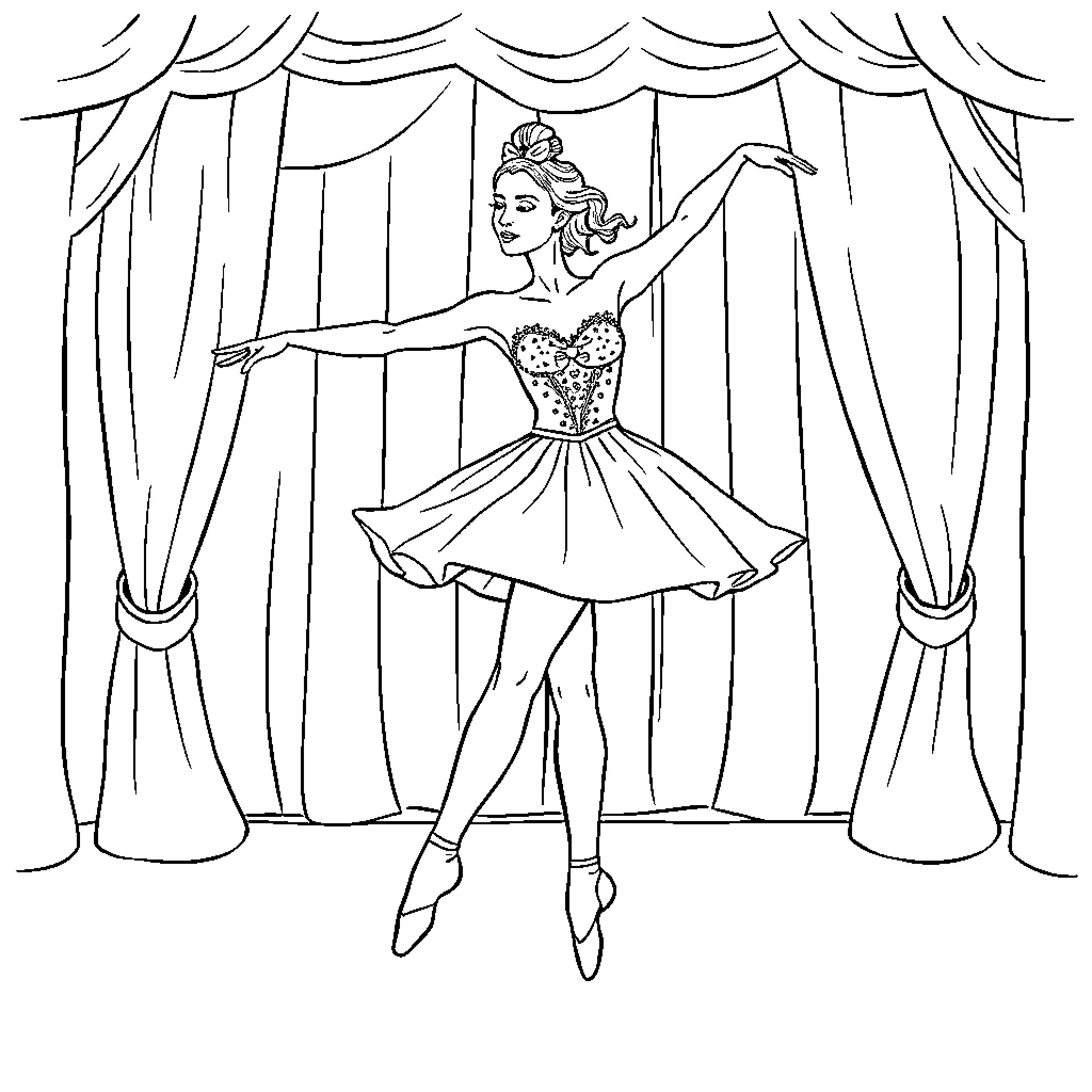Ballerina performing gracefully on stage Coloring Page (free black-and-white line drawing printable PDF for all, from beginners to advanced learners, including children, teens, adults, and seniors)