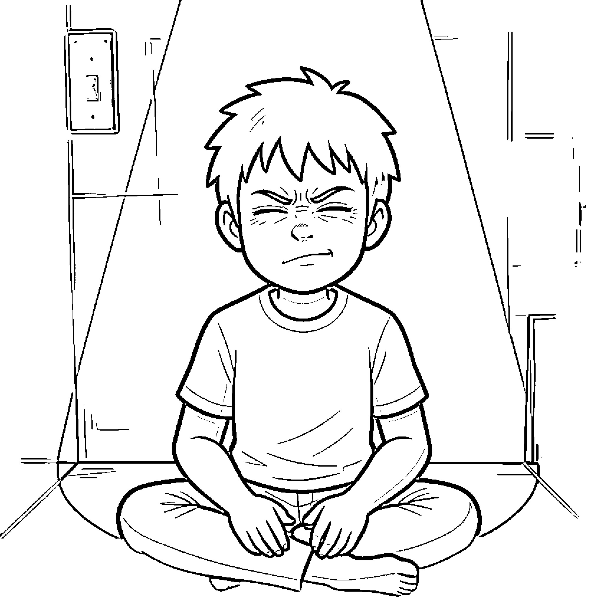 Lightly showing a boy sitting with an angry expression Coloring Page (free black-and-white line drawing printable PDF for all, from beginners to advanced learners, including children, teens, adults, and seniors)