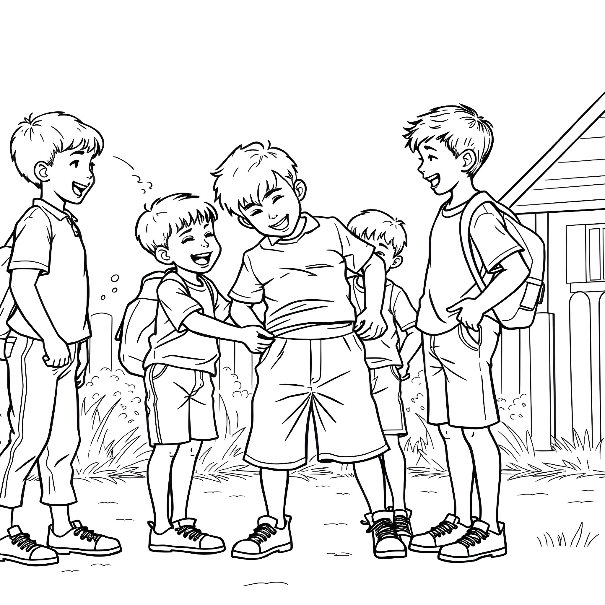 Boys playing together in the yard Coloring Page (free black-and-white line drawing printable PDF for all, from beginners to advanced learners, including children, teens, adults, and seniors)