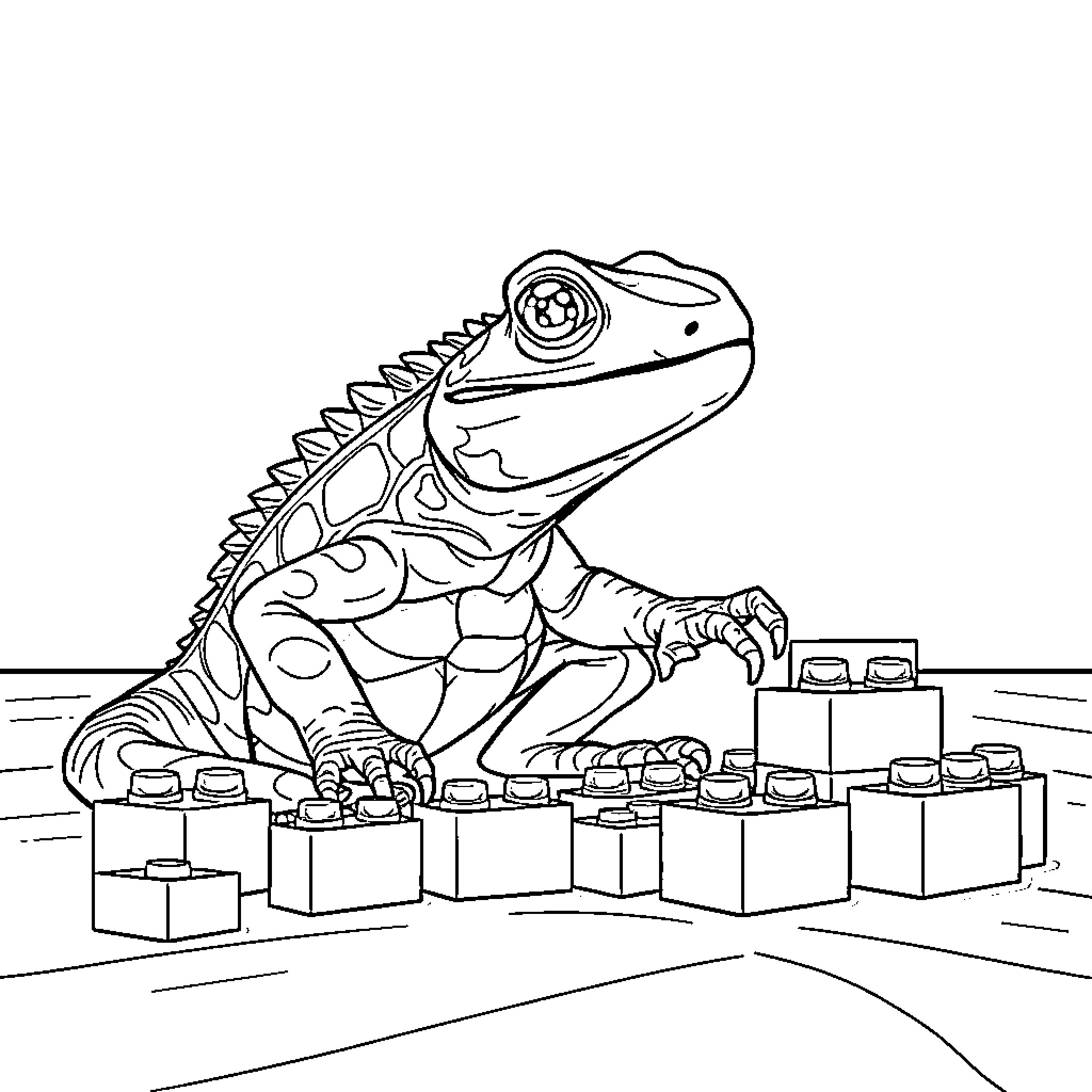 Reptile constructing a toy building Coloring Page (free black-and-white line drawing printable PDF for all, from beginners to advanced learners, including children, teens, adults, and seniors)