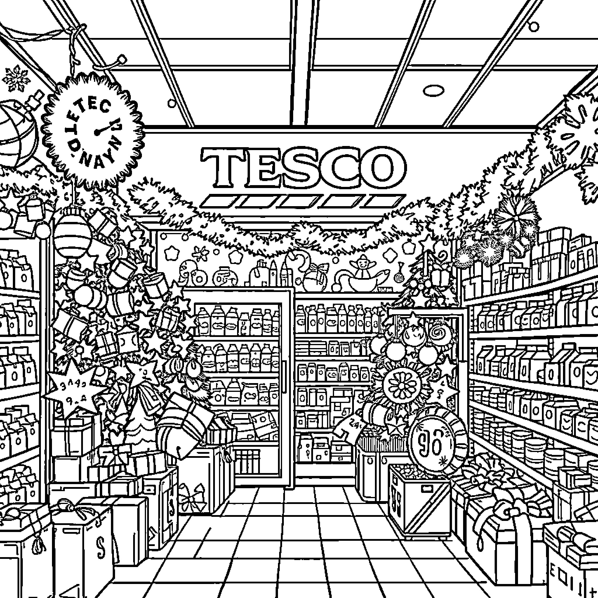 Tesco store with busy shopping scene Coloring Page (free black-and-white line drawing printable PDF for all, from beginners to advanced learners, including children, teens, adults, and seniors)