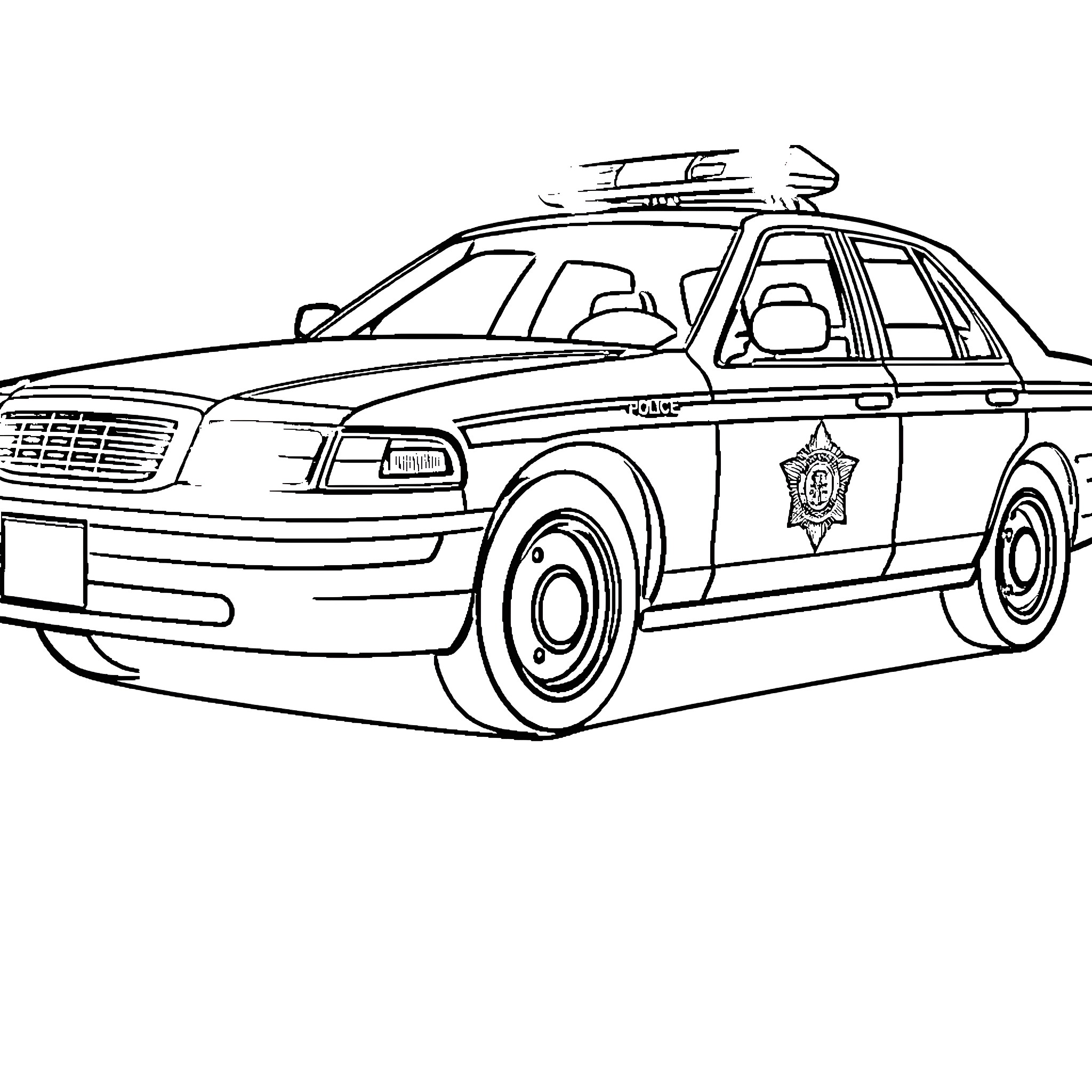 Crown Victoria Police Car on Duty Coloring Page (free black-and-white line drawing printable PDF for all, from beginners to advanced learners, including children, teens, adults, and seniors)