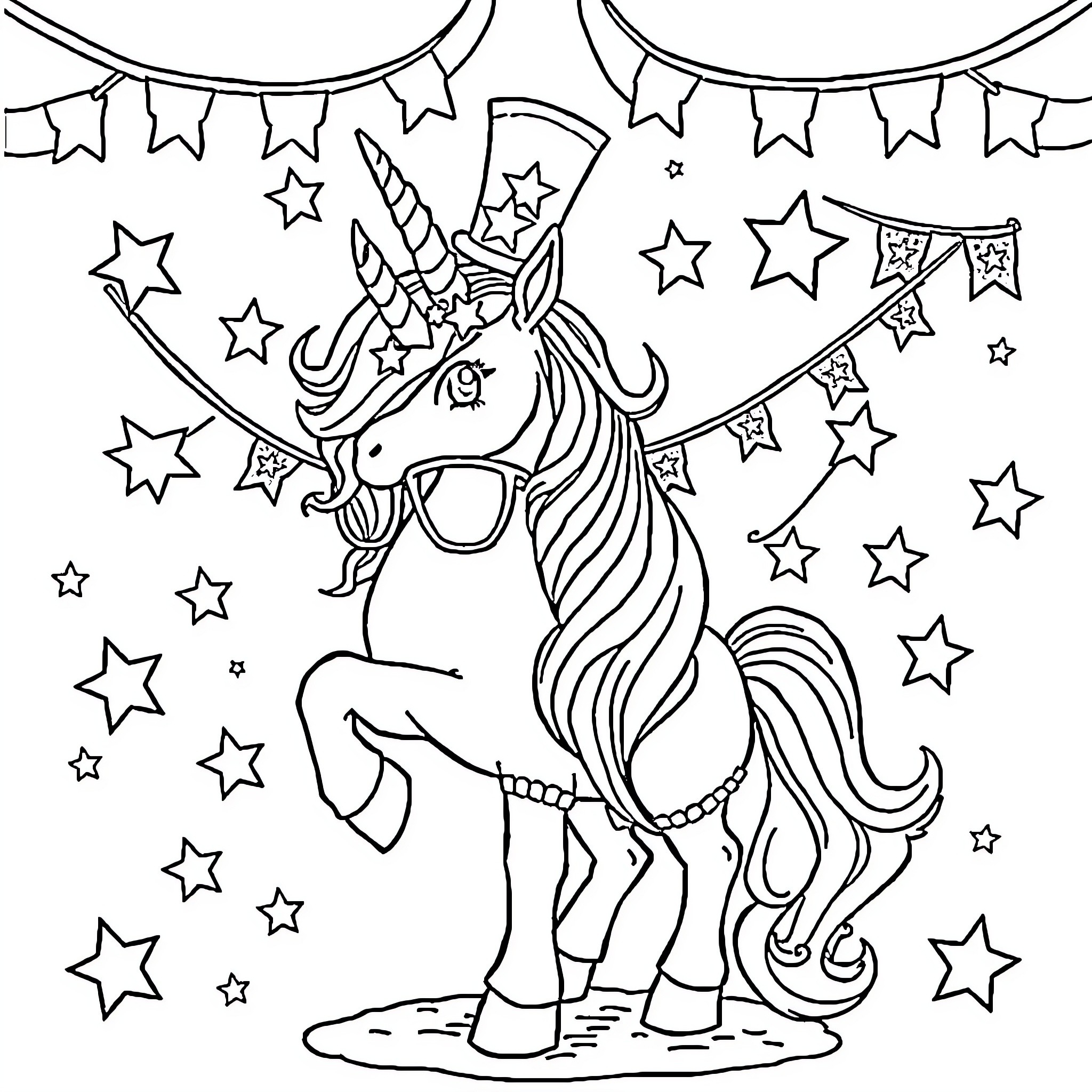 Unicorn surrounded by stars and party decorations Coloring Page (free black-and-white line drawing printable PDF for all, from beginners to advanced learners, including children, teens, adults, and seniors)