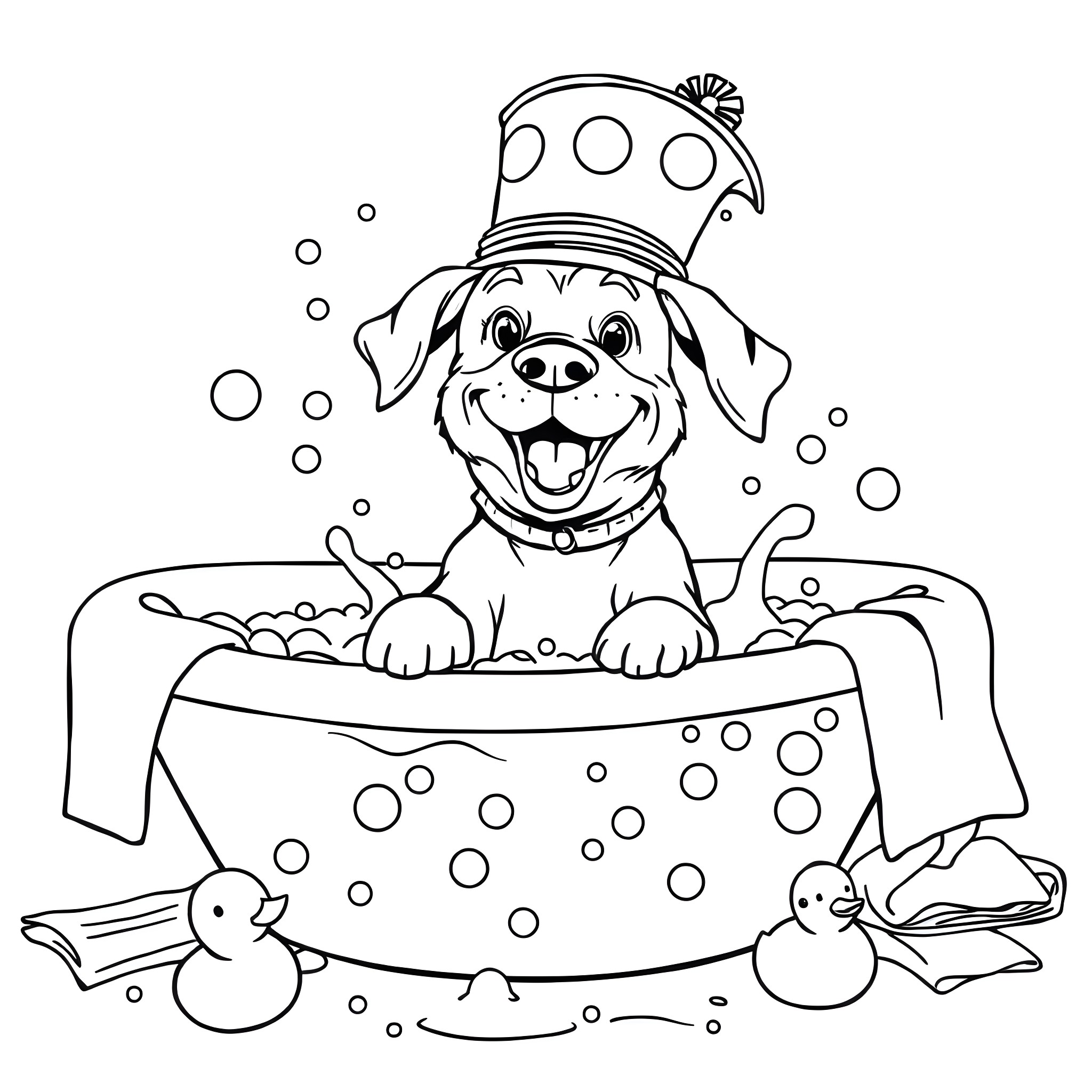 Dog taking a bath with ducks Coloring Page (free black-and-white line drawing printable PDF for all, from beginners to advanced learners, including children, teens, adults, and seniors)